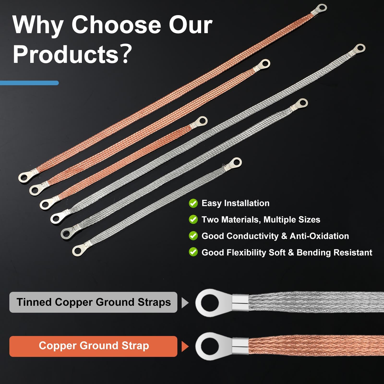 Yaocom 12 correas universales de tierra para automóvil, kit de correa de tierra de motor de 10/15/20 pulgadas con terminales de anillo, correas de cable de conexión a tierra de cobre estañado de cobre