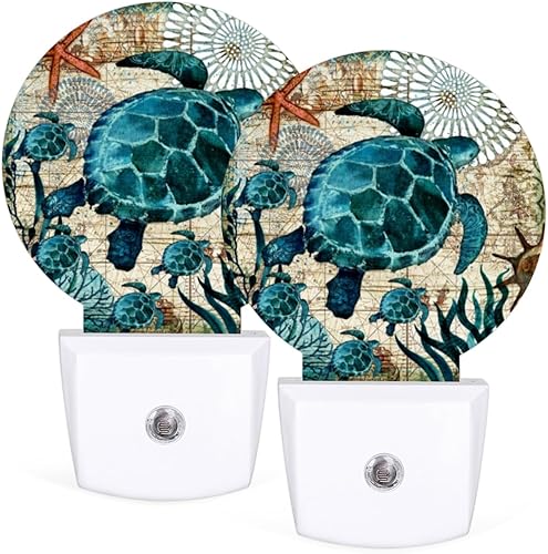 Juego de 2 luces nocturnas de tortugas marinas enchufables a la pared, con sensor automático del anochecer al amanecer, lámparas LED de decoración