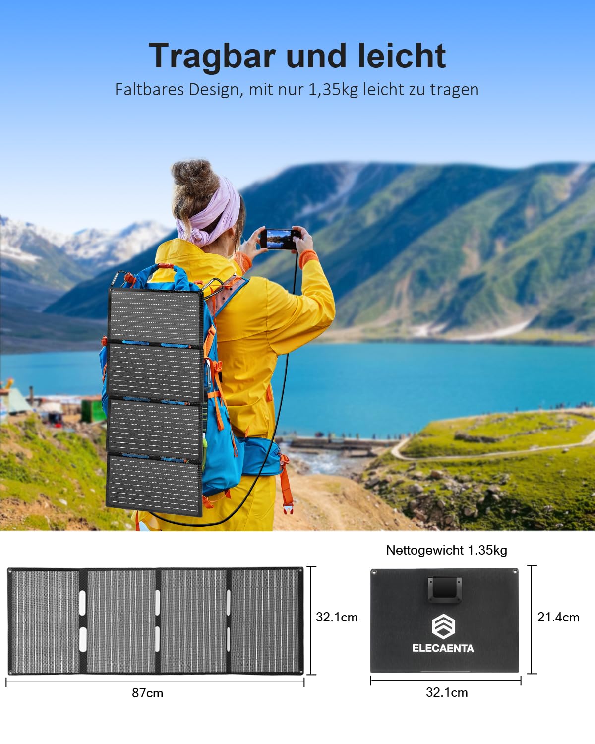 ELECAENTA 40W ETFE Solar Ladegerät Faltbar Solarmodul 3-Port, 18V DC/USB/USB-C PD30W, Tragbare Solarpanel Ladegerät IP68 Wasserdicht für iPhone, Andriod Handy, Tablets, Powerstation