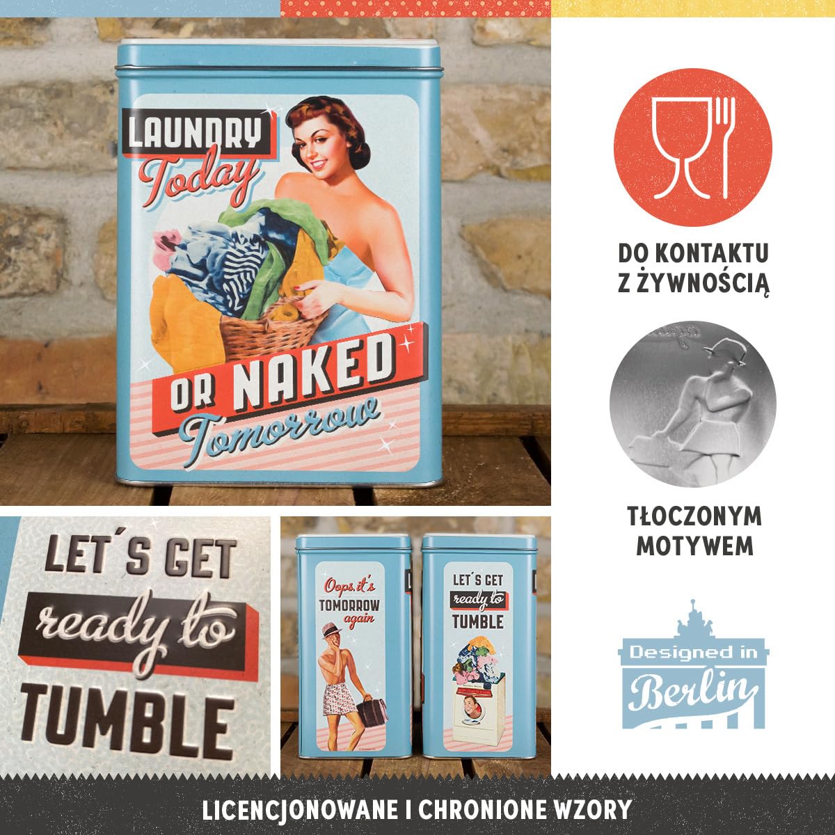 Nostalgic-Art Retro puszka L, 3 l, Laundry Today or Naked Tomorrow – Pomysł na prezent do domu, duży pojemnik z metalu na proszek do prania, Styl vintage