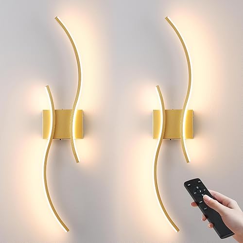 Miniatura 1 de Juego de dos apliques de pared a pilas con control remoto, colores continuos 3000K-6000K y atenuación, luz de pared LED dorada inalámbrica para sala