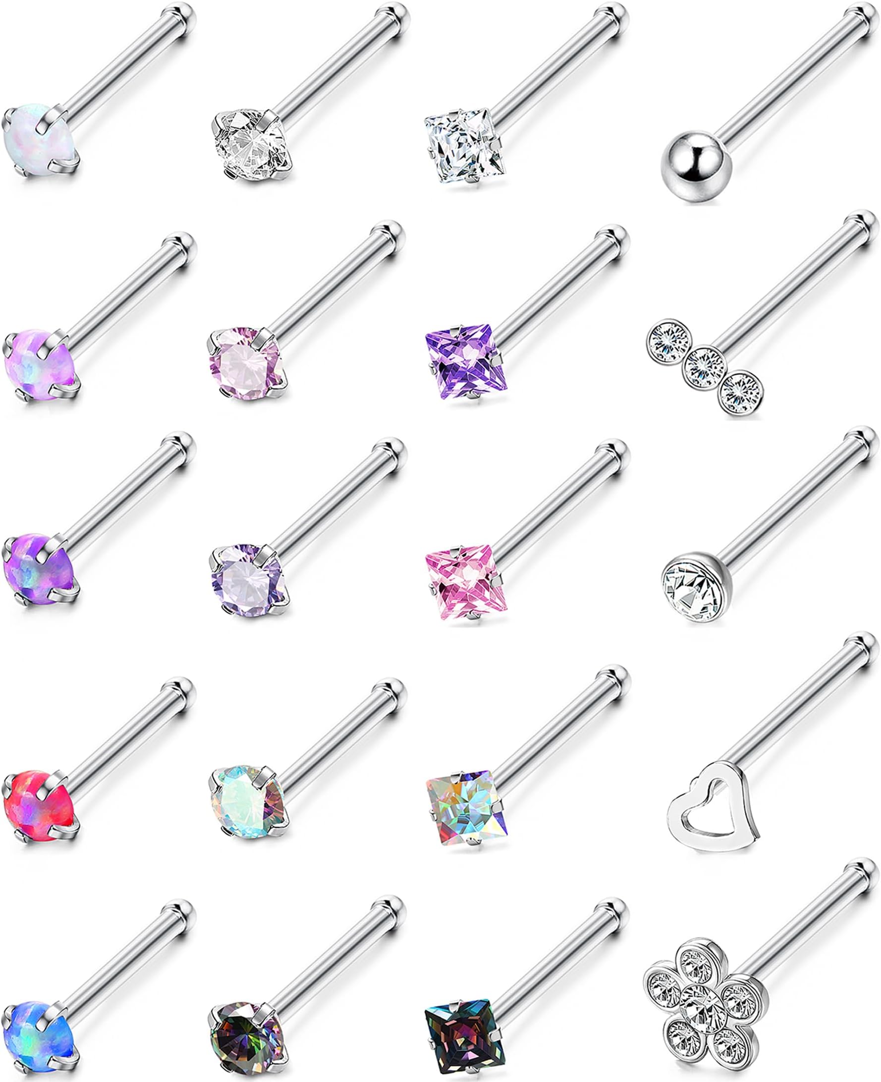 Besteel20 Pcs Hypoallergenic 20G Nose Rings for Women Men Cubic Zirconia Stainless Steel Nose Studs Set Labret Lip Nostril Piercing Jewelry Multicolor 2mm L Shaped Straight ScrewRecycled Claim Standard 100