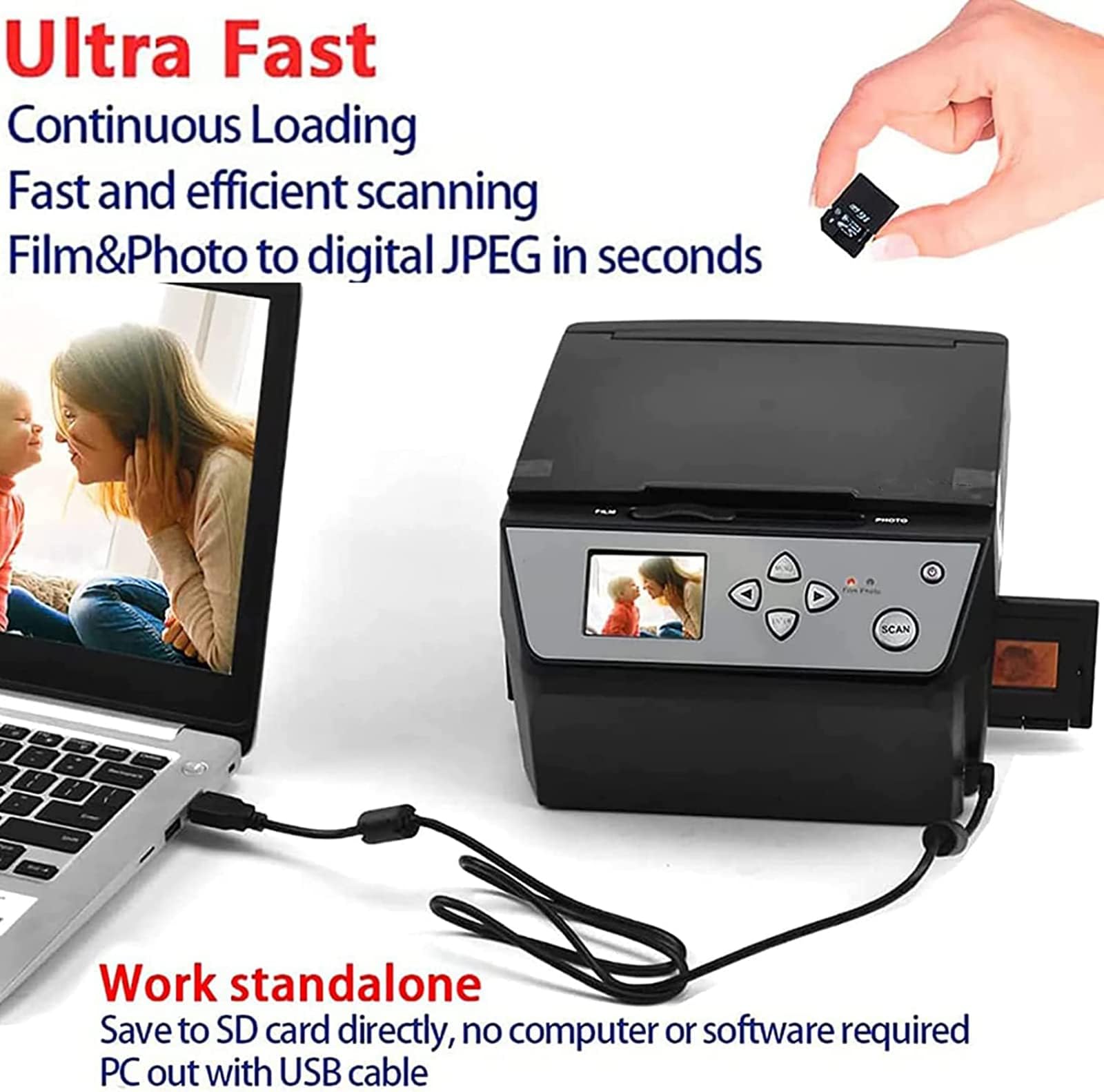 Escáner digital de diapositivas de película de 22 MP, pantalla LCD, convierte 135 películas de 35 mm, 110 tarjetas de visita de película a imágenes JPG
