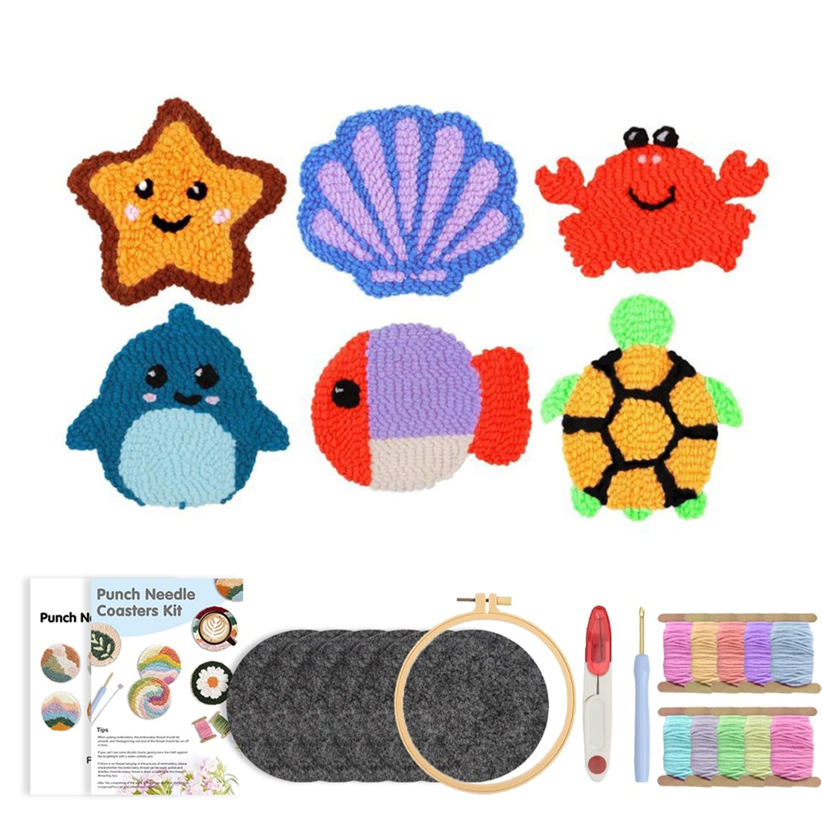 1set Punch Needle Animal Coaster Kit For Beginners DIY Tufted Rug Pads With Adhesive Felt Yarns Embroidery for DIY(Color3)