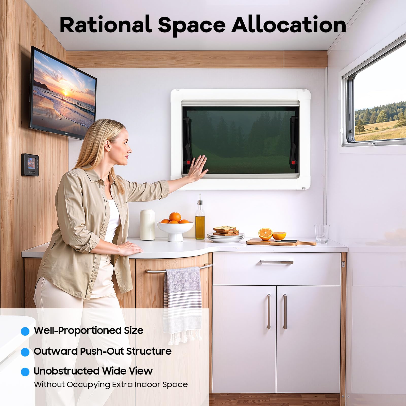 Wohnmobil Fenster RV-Ausstellfenster Wohnmobilfenster Camper Fenster mit Integriertem Rollo und Fliegengitter 85° Öffnungswinkel für Wohnwagen Van Camper (500x350mm Rechteckig)