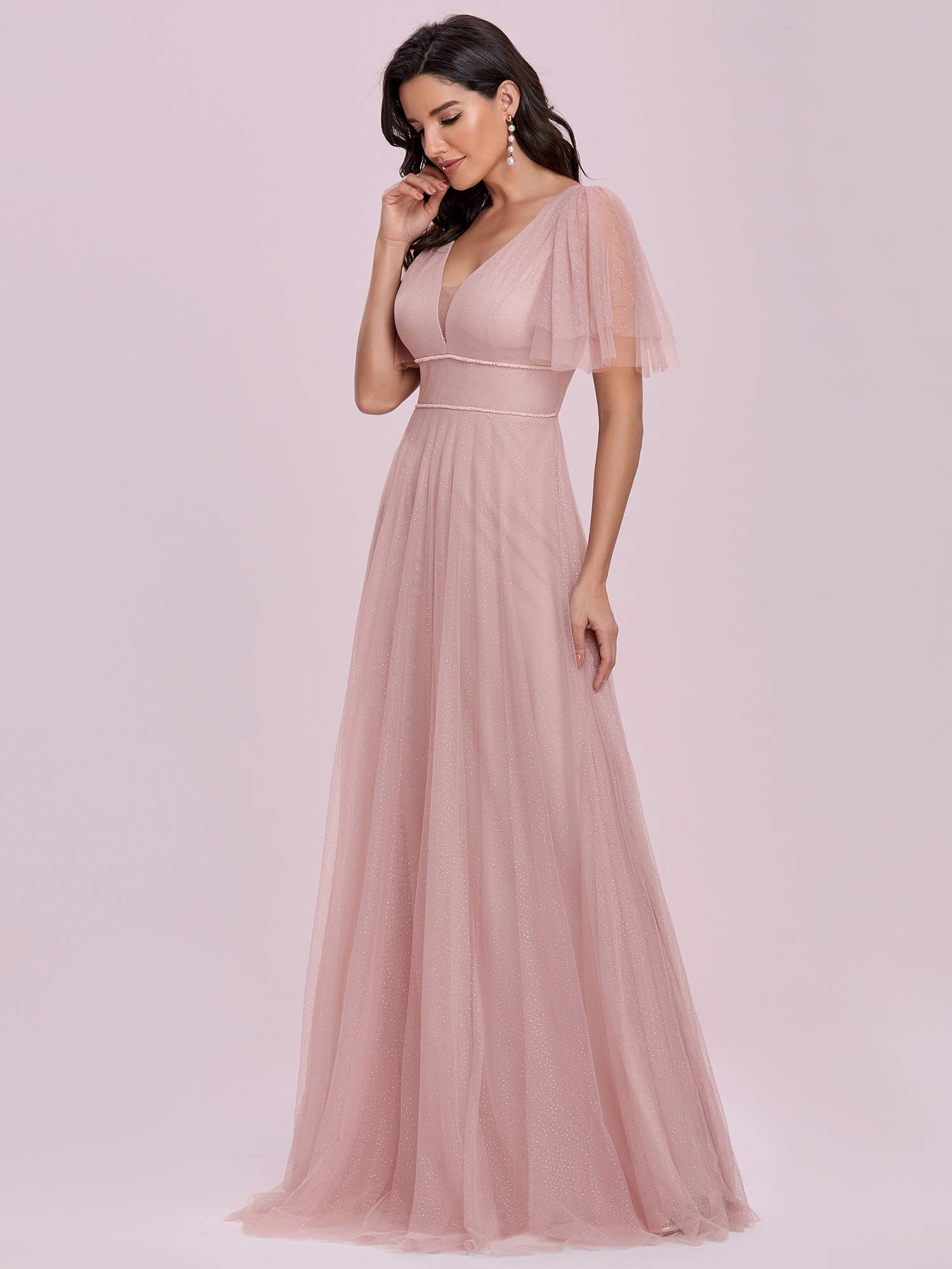 Ever-Pretty EE00278 Robe de demoiselle d'honneur en tulle pailleté avec col en V profond et manches courtes Longueur au sol