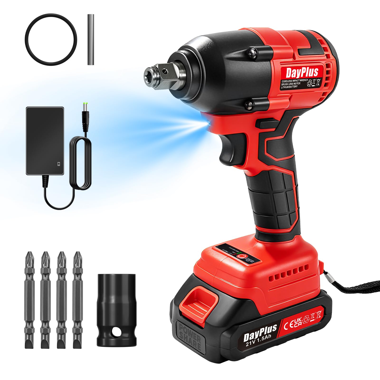 Huini Cordless Impact Wrench,Electric Impact Wrench,1/2" Brushless Power Impact Driver, Max Torque 450N.m with LED,#14MM Socket,4 Bits,1.5Ah Battery for Car Home Projects — image 1