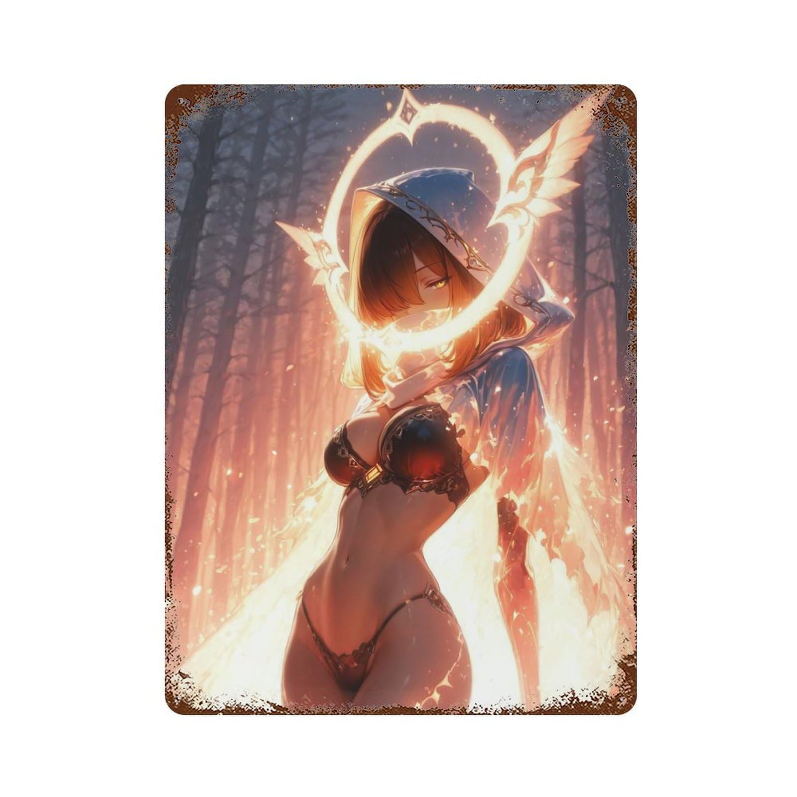 Rust Effect Tin Sign Glowing Angel 15.7"x11.8", Industrial Home Decor for Garage, Bar And Workshop Decor