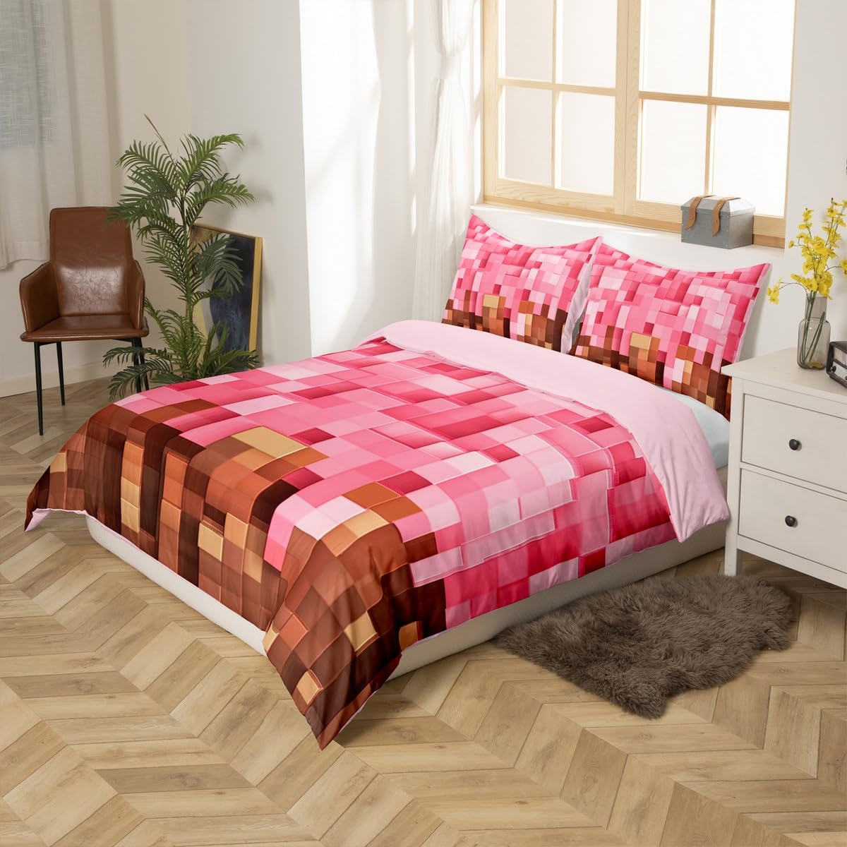 jejeloiu Toddler Size Pixel Bedding Set for Kids Boys Girls Gaming Comforter Cover Pink and Brown Duvet Cover Bedroom Decor Soft Microfiber 2Pcs,No Stuffing