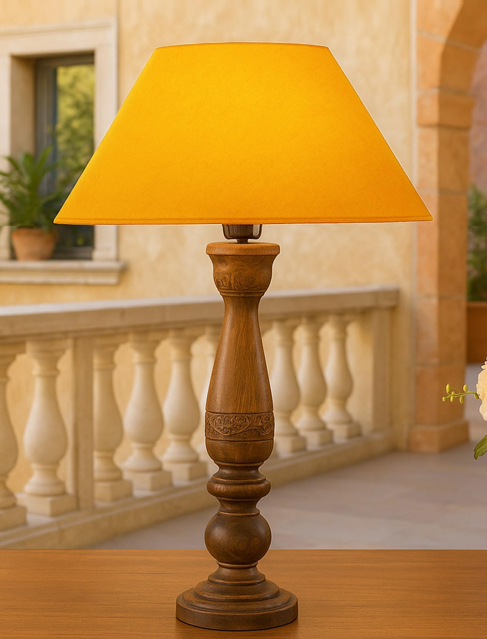 Homesake Floral Carved Wood Black Table Incandescent Lamp With Golden Shade.