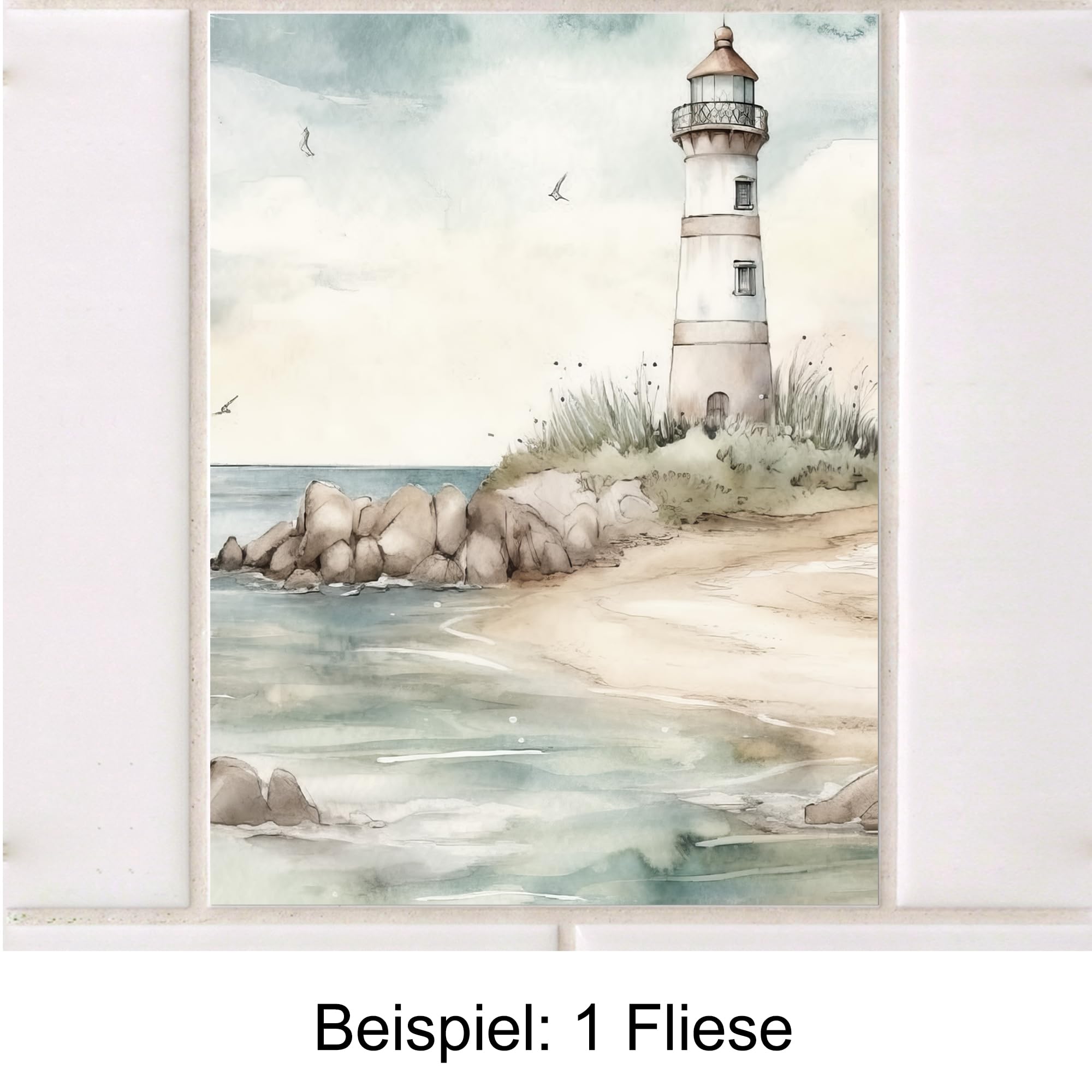 GRAZDesign Fliesenaufkleber Bad & Küche, maritim Strand mit Möwen Watercolor, Klebefliesen selbstklebend - 20x25cm / 30 Stück