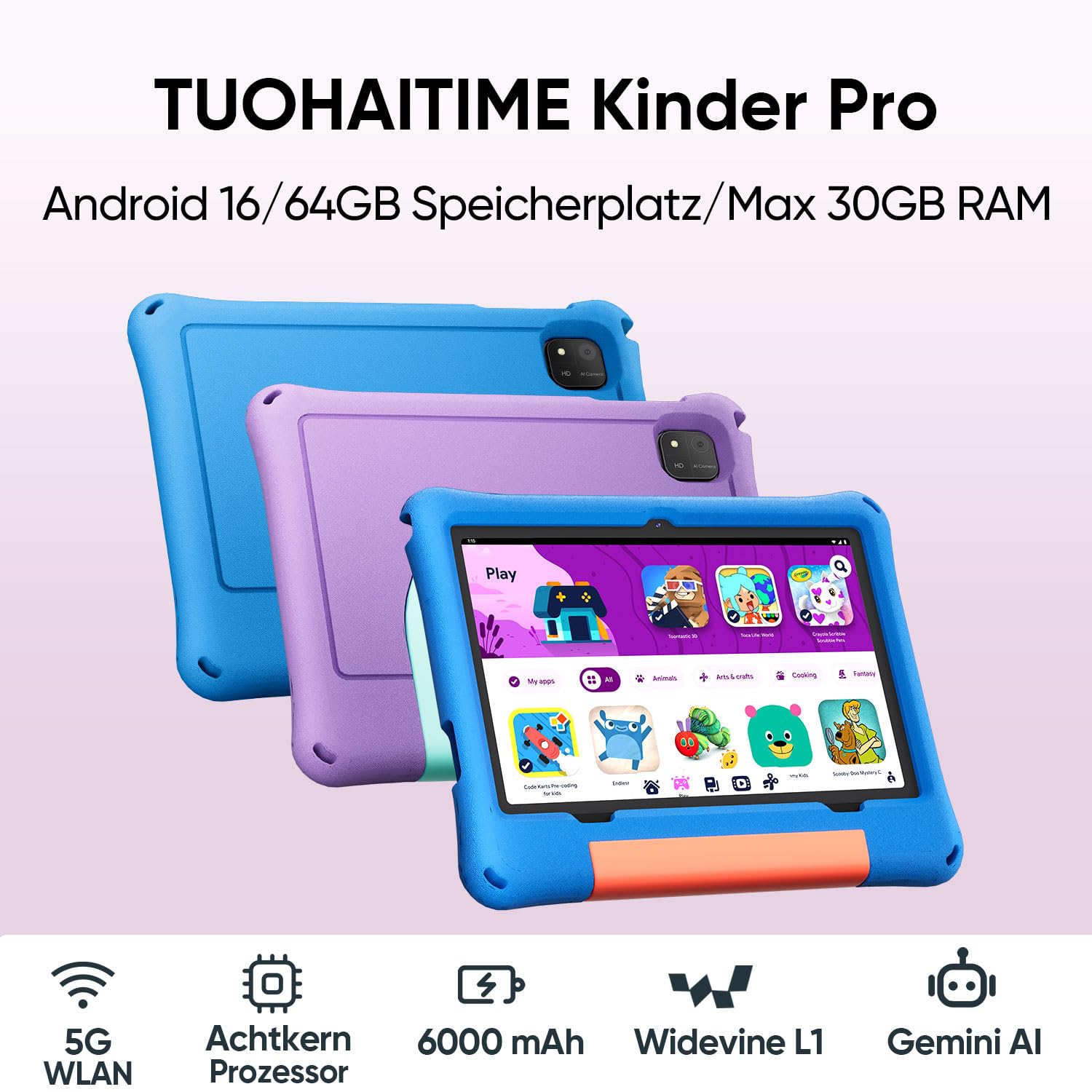 Kinder Tablet 10.1 Zoll Android 16 mit 30GB RAM+64GB ROM 2TB erweiterbar Tablet, Kindersicherung/Elternkontrolle,GPS, Face ID, Widevine L1, WiFi 6, Octa-Core Prozessor, Kids Tablet mit Eva Case