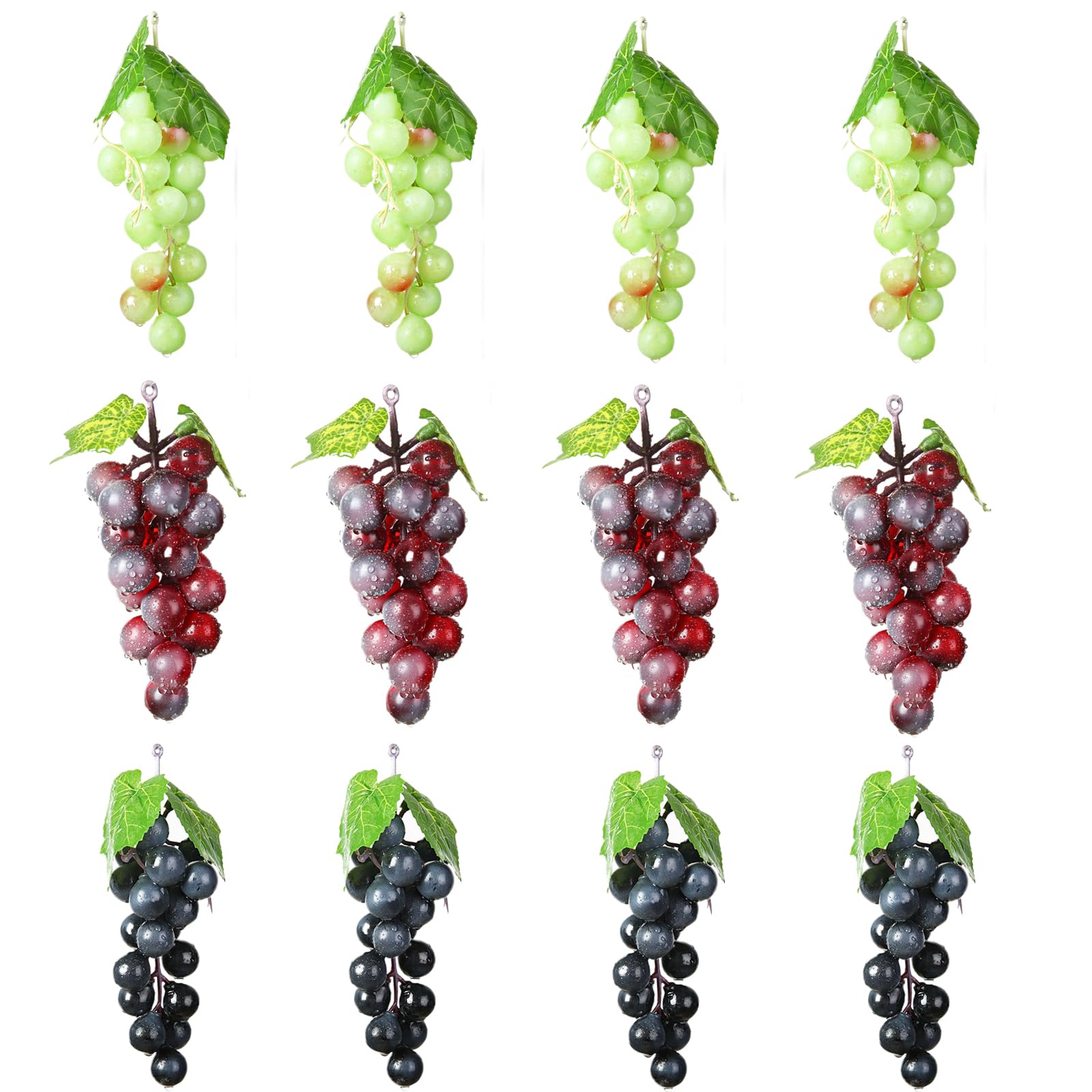 12 Pezzi Decorativi Realistici Uva Grappoli, Artificiali Simulazione Uva Grappoli, Uva Nera Artificiale, per Decorazione del Vino, Puntelli di Frutta Artificiali (Verde&Fucsia&Nero)