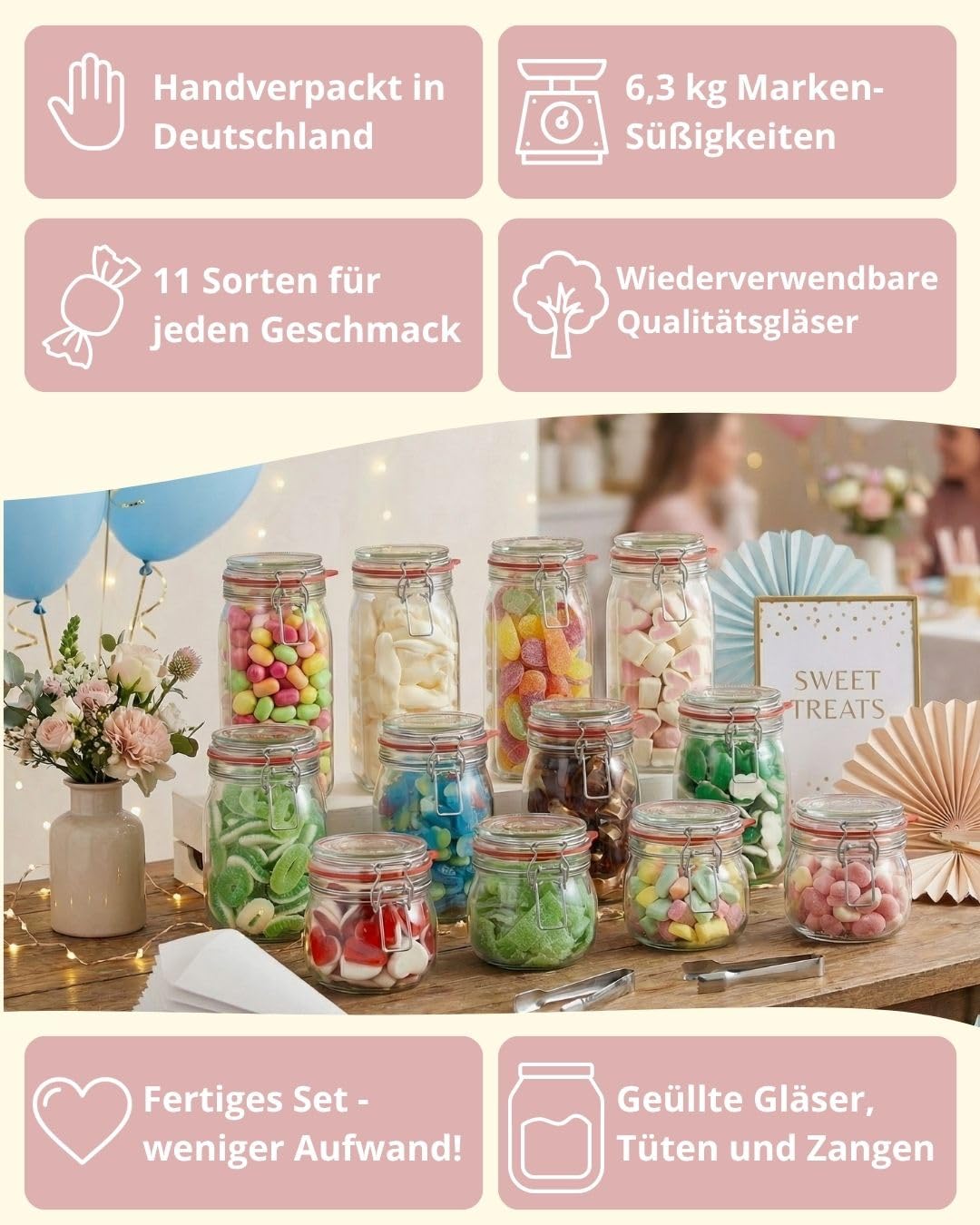 Der Zuckerbäcker Fertige Candy-Bar, Gläser gefüllt mit Süßigkeiten - Candybar Zubehör Set inklusive, Candy Bar Süssigkeiten für Hochzeit, Geburtstag