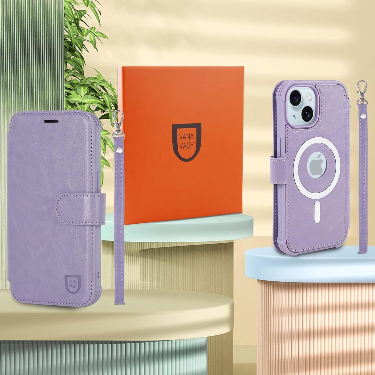 VANAVAGY Compatible for iPhone 15 Plus/14 Plus Wallet Case for Magsafe Wireless Charging, PU Leather Flip Case [Screen Protector & Camera Cover] with Strap RFID Blocking Card Holder,Clove Purple