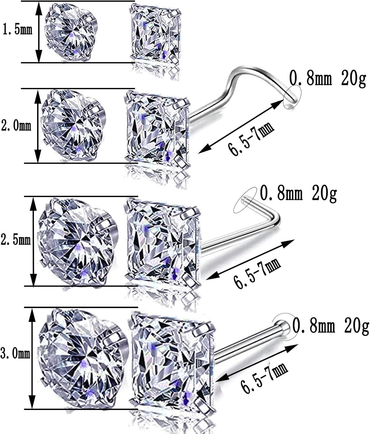 Nose Rings & Studs - 18g, 20g, 22g 14K Gold Bone Nose Studs for Women in Titanium Steel - Image 6