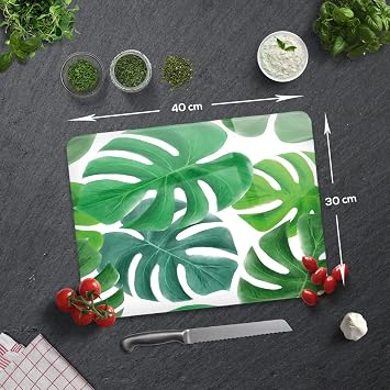 DECORITA Tropik Yeşil Yapraklar | Cam Kesme Tahtası (30cm x 40cm)