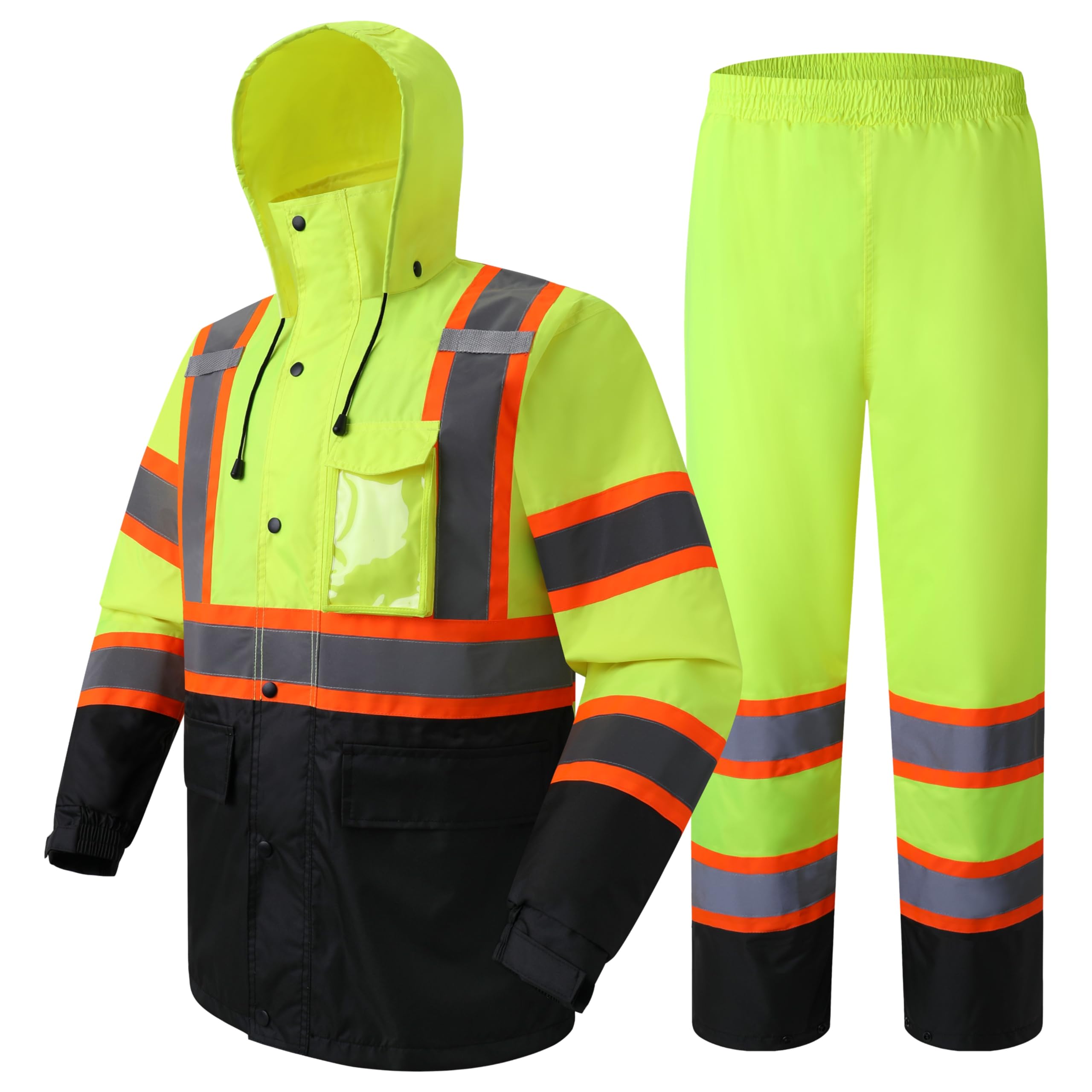 JKSafety Hi-Vis Reflective Safety Rain Jacket and Pants for Men Women Waterproof Rain Gears for Farming Fishing Work HV Rain Suit with Inner Mesh