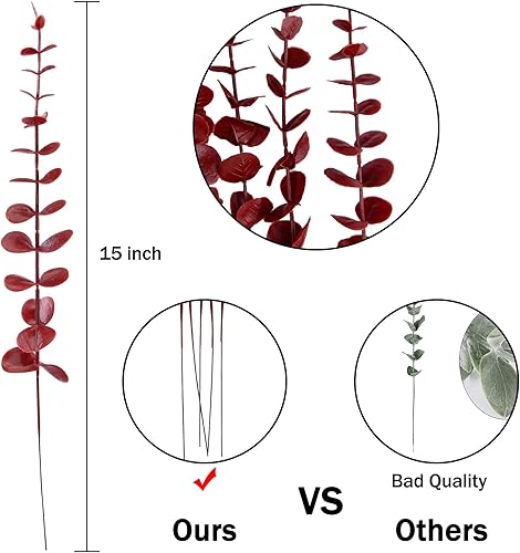 Miniatura 2 de FEQO 36 tallos de eucalipto rojo, hojas de eucalipto artificiales, ramas de eucalipto, eucalipto falso con hojas falsas, tallo de eucalipto
