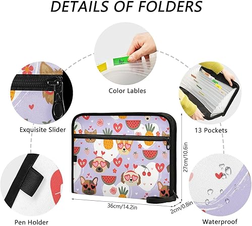 Miniatura 3 de Valentine Dogs Love Pineapples Fruits Expandable File Organizer 13 Pockets A4 Letter Size File Pocket Folders with Zipper Closure Organizer File