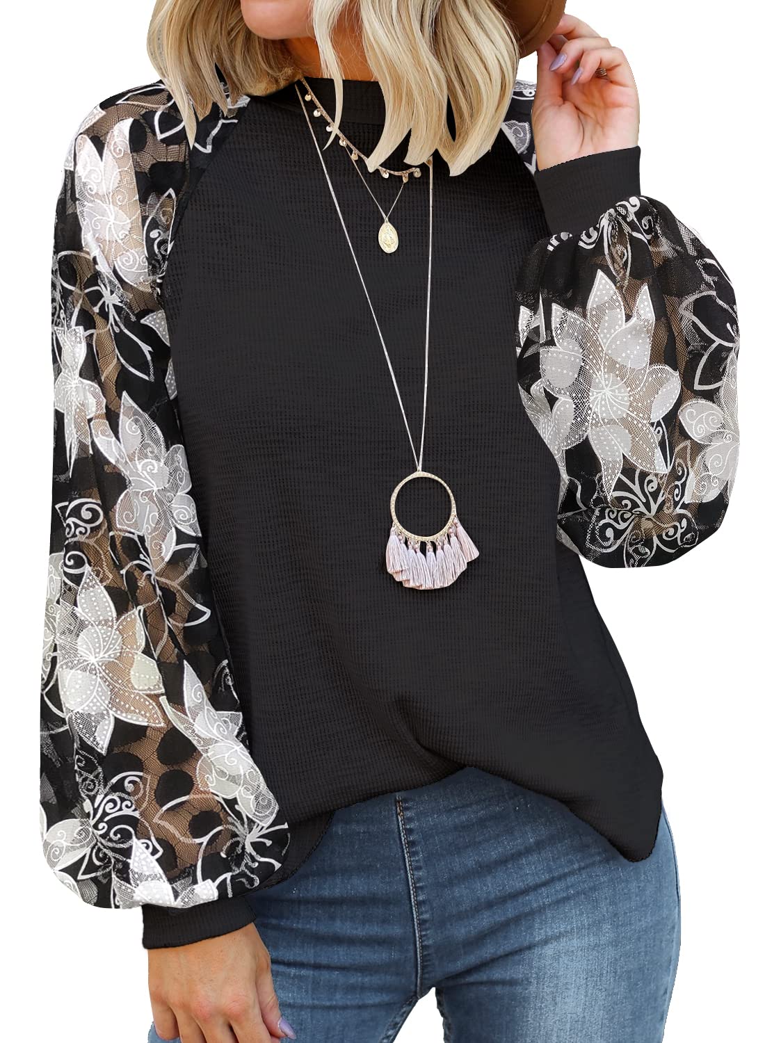 MIHOLL Women’s Long Sleeve Tops Lace Casual Loose Blouses T Shirts