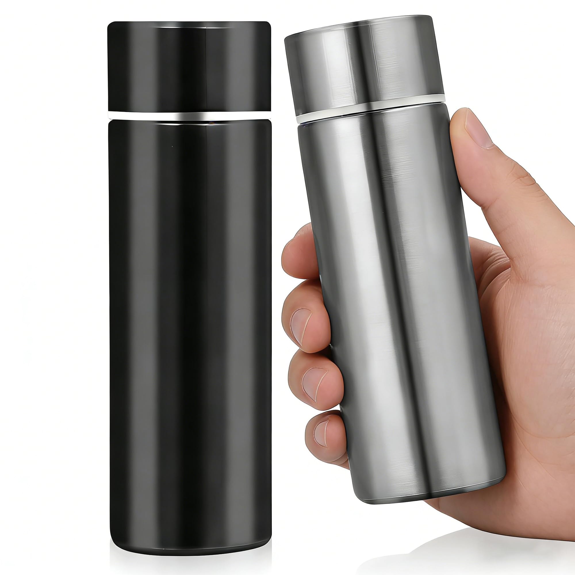 Spotzyllic 2 Pcs 150ml Small Thermos Flask, Stainless Steel Water Bottle Keeps Cold 12H/Hot 8H, Leak Proof Insulated Cup for Travel, Handbag, Gift for Couples (Black+Metallic)