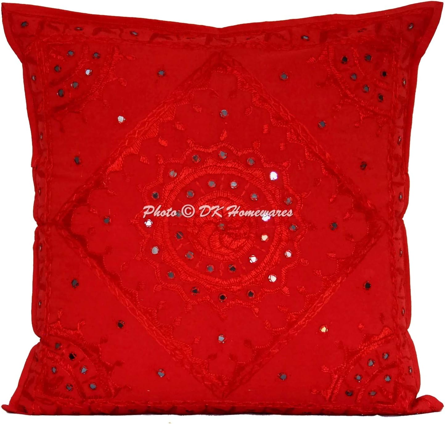 Bohemian Decorative Sofa Throw Pillowcases 24 x 24 Inch Cotton Embroidered Bohemian Indian Square Couch Cushion Covers (Size - 60x60 cm ; Color: Red) - Set of 2 Pcs (Cover Only)