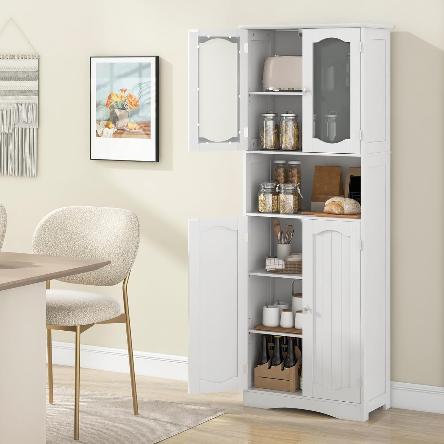Tangkula 64.5" Tall Bathroom Storage Cabinet, Freestanding Floor Cabinet with Frost Glass Doors and Shelves, Kitchen Pantry for Living Room, Dining Room, Office (White, 64.5" H)
