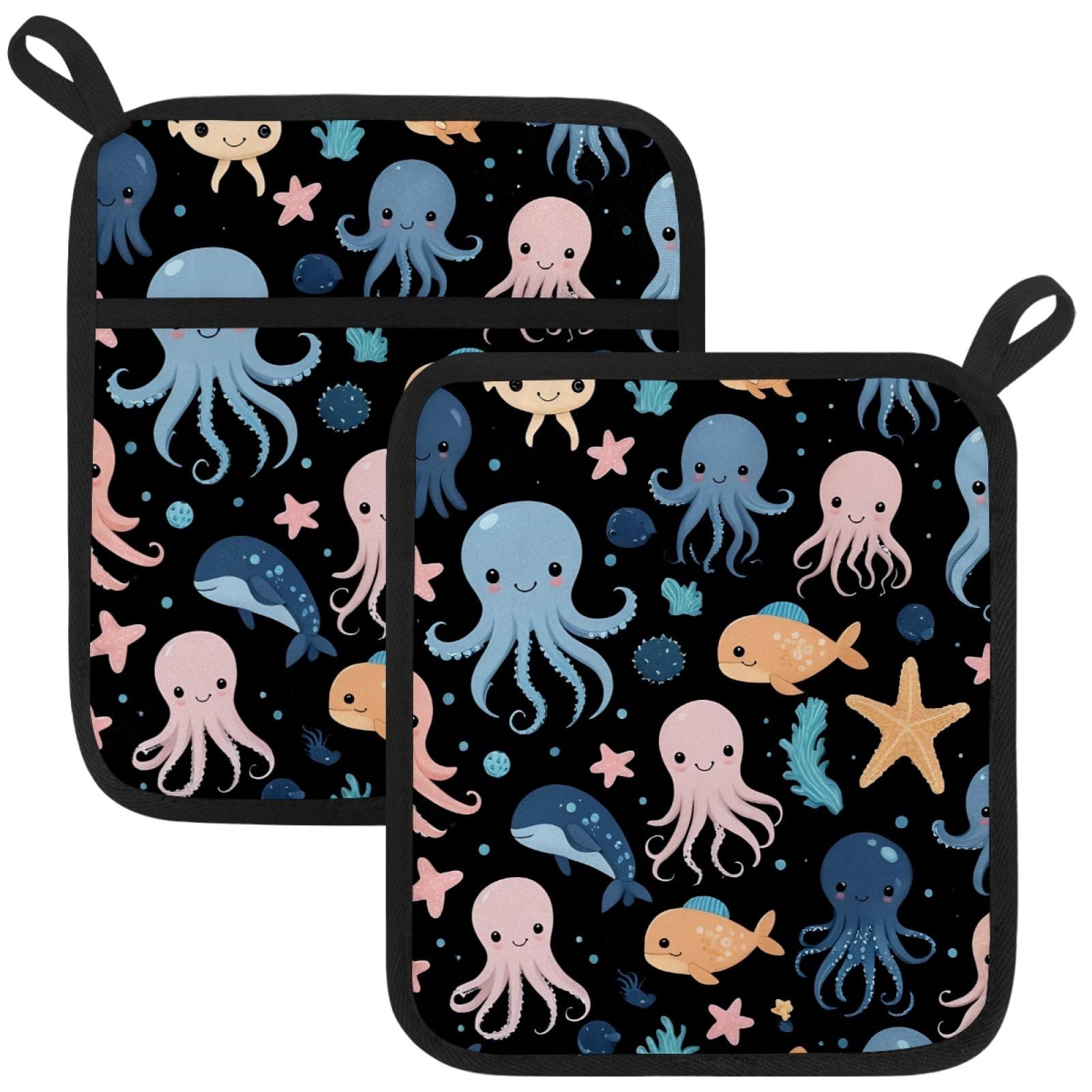 VAPOKF Cartoon Octopus Pot Holders with Pocket for Kitchen Heat Resistant Potholders Large Polyester-Cotton Square Oven Mitts Set
