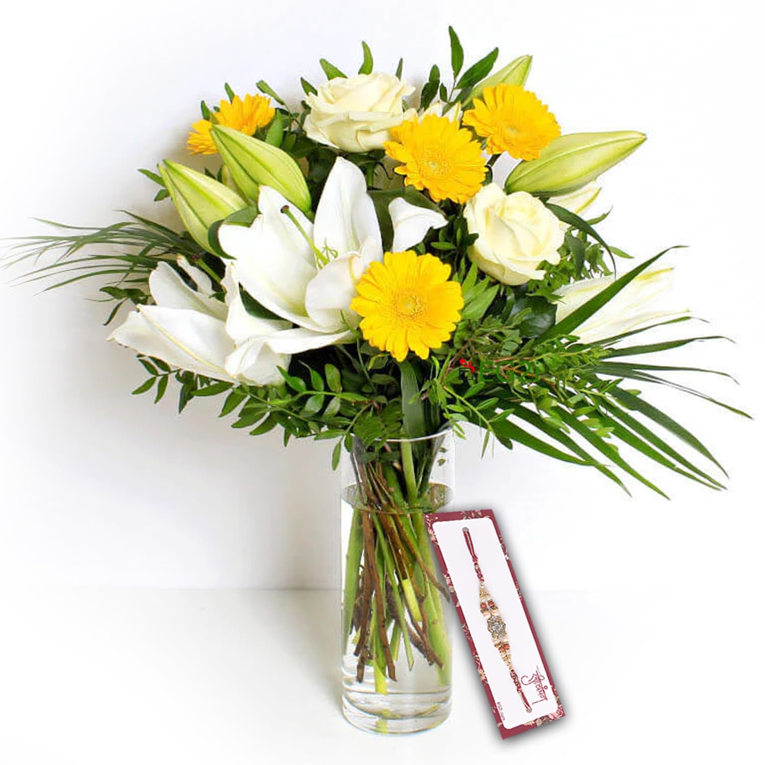 EG2i Beautiful Fresh 14 Mixed Rose Flowers Floral Bouquet With Glass Vase & 2 Rakhi | Special Bunch for Brother Gift, Sister Gift & Rakhi Celebration | Real Bookey Flowers for Men | Same Day Delivery