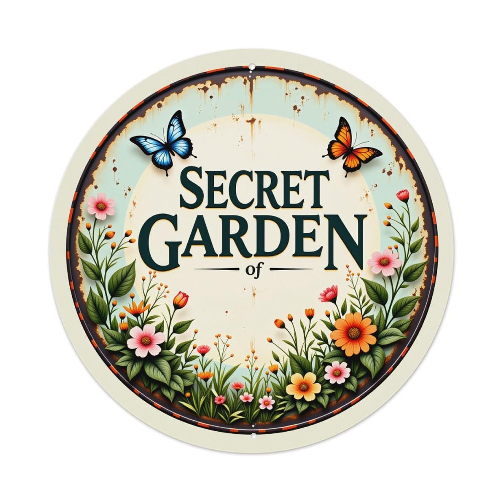 Floral Butterflies Garden Sign Art Round Tin Sign Vintage Style Metal Sign Home Bar Garden Wall Plaque Decor Metal Poster 8x8 Inch