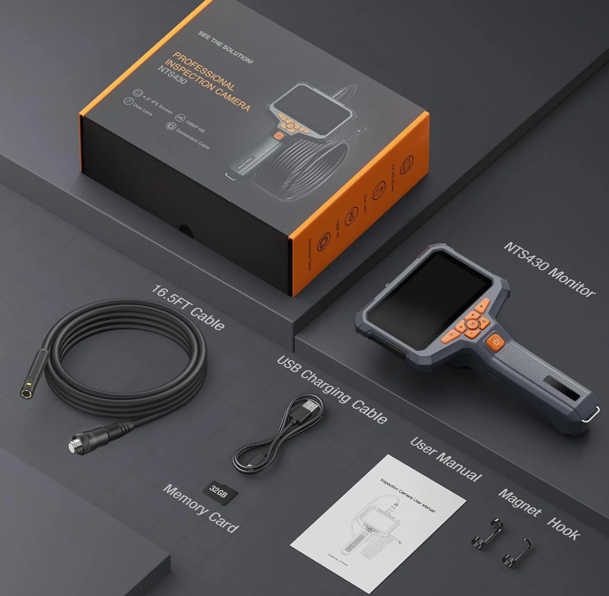 Borescopes endoscopes NTS430 Dual Lens Endoscope Inspection Camera IP67 Waterproof Flexible Cable Sewer Camera 7 Leds(Dual lens-8mm-1M)