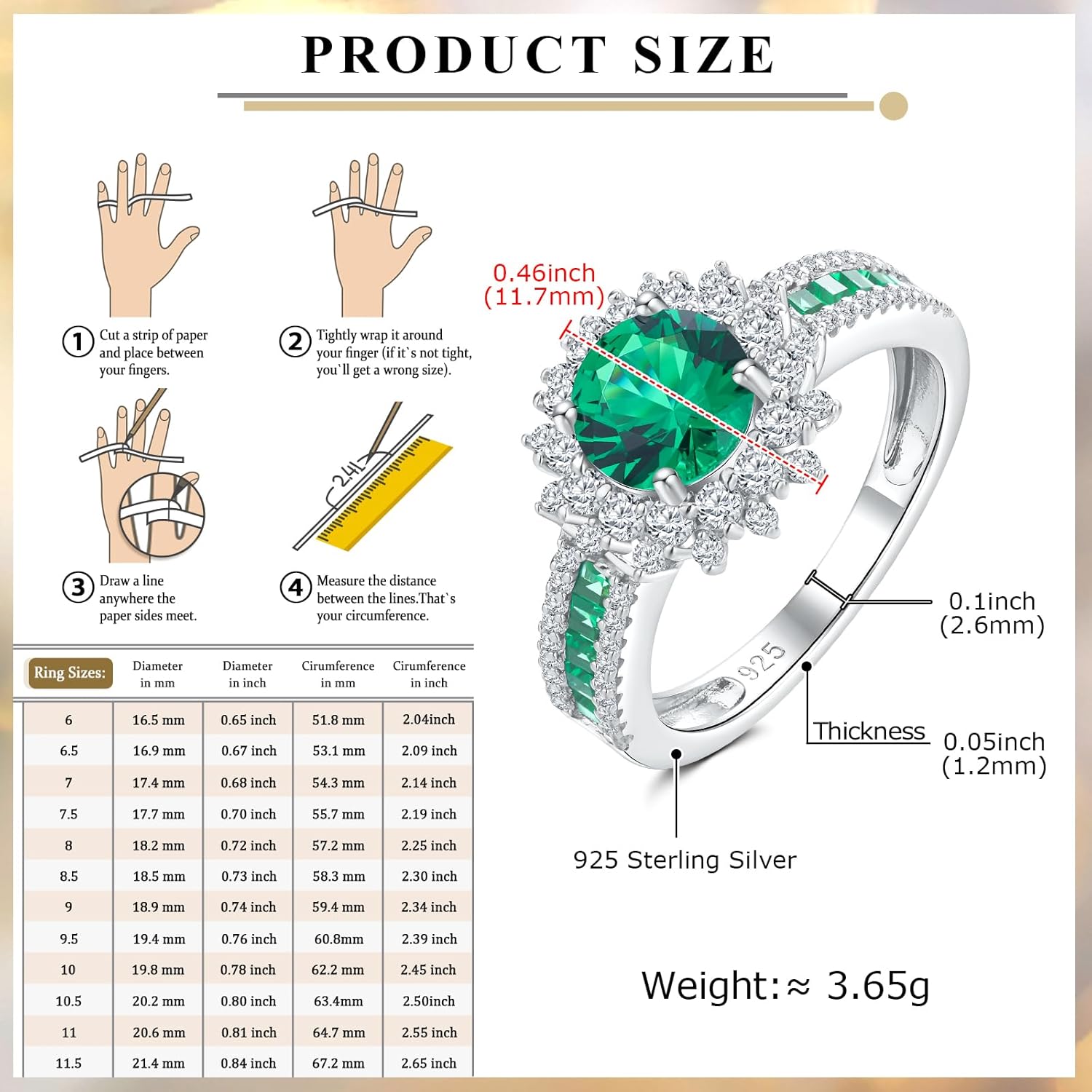 Vintage Style Engagement Ring White Gold Plated Sterling Silver White Sapphire Inlaid Big Cocktail Rings Emerald/Ruby/Aquamarine/Sapphire Ring Gift for Bride Wife Lover, Send Gift Box