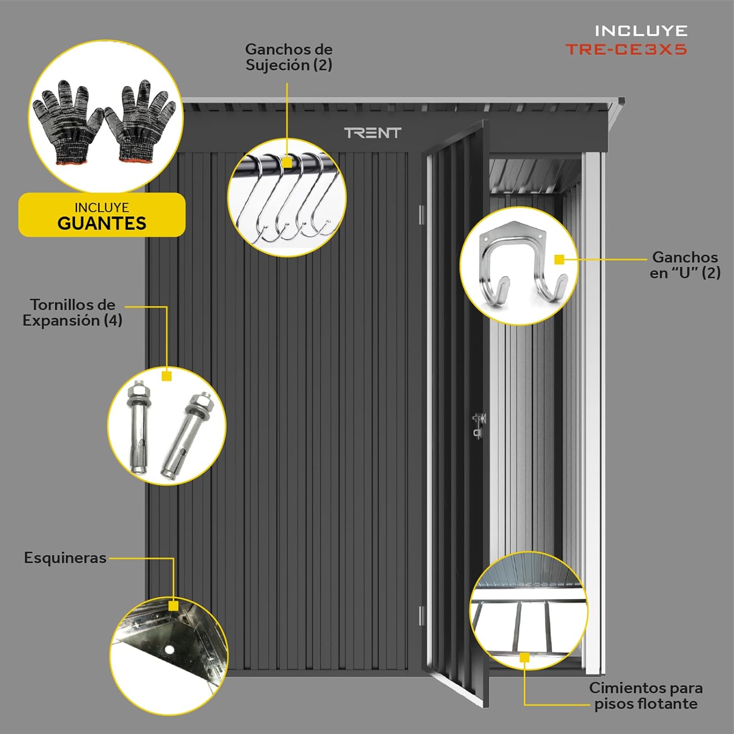 Image showing included accessories: gloves, fastening hooks, U-hooks, expansion screws, corner pieces, and floating floor foundations.