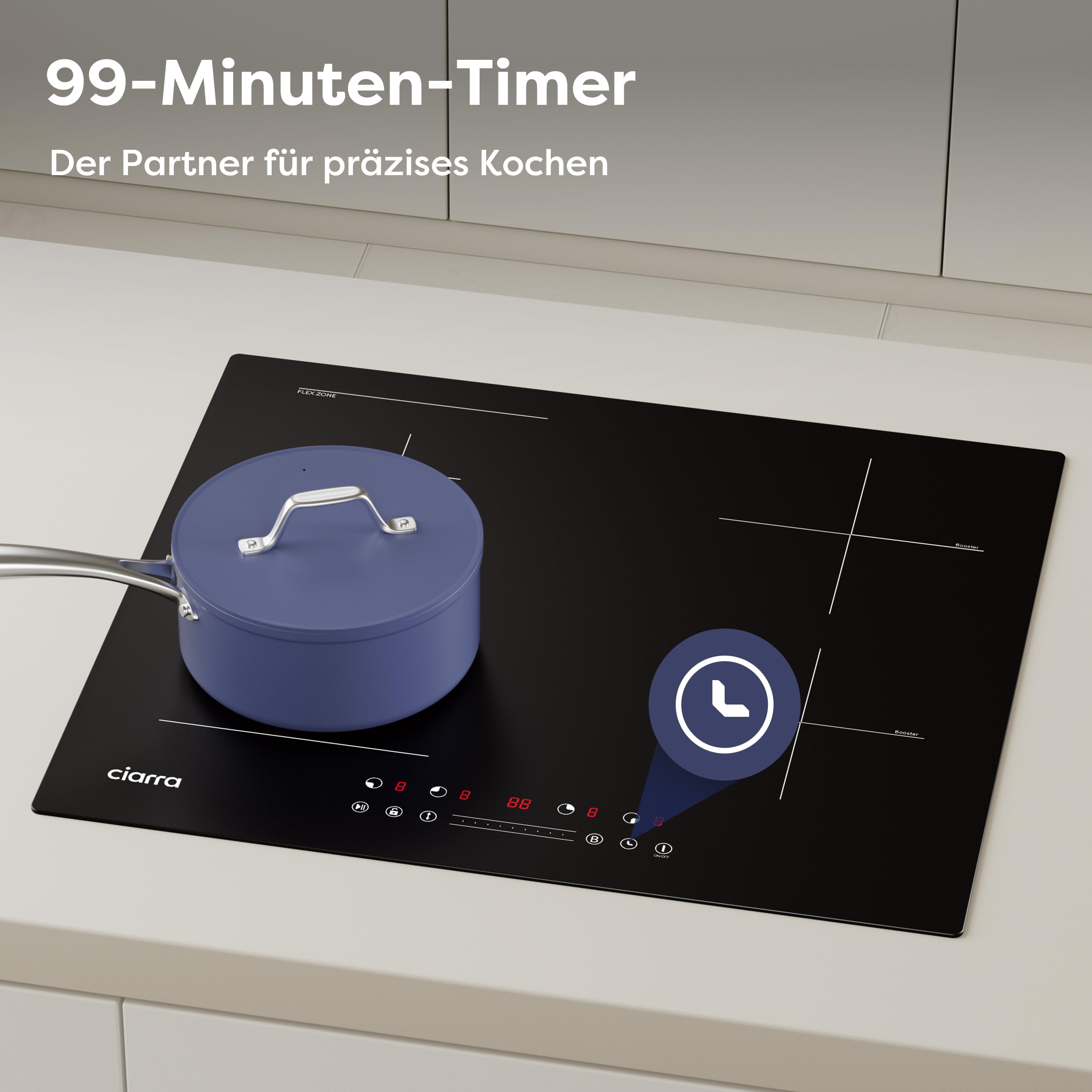 CIARRA CBBIH4BF Induktionskochfeld 60 cm Flexzonen Einbau 4 Platten mit Bridge Bräterzone PowerBoost Slider Touch-Bedienung Induktion Kochfeld 9 Stufen Timer Kindersicherung Überhitzungsschutz 7200 W