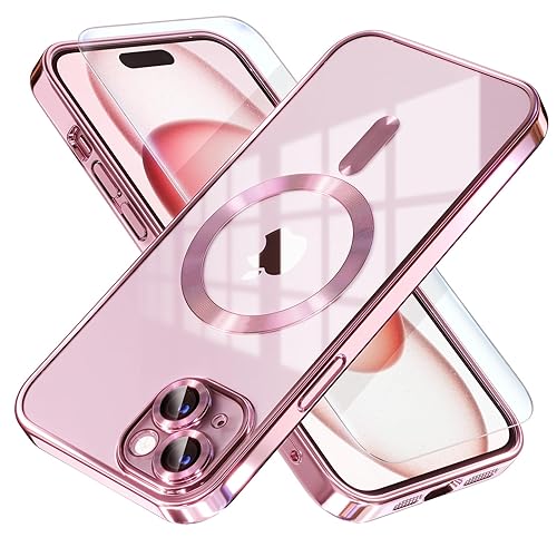Misea Magnetic for iPhone 15 Case Compatible with MagSafe [Never Yellowing] [Military Grade Drop Protection] Full Camera Lens Protector Plating Soft Clear Phone Case for Women, Pink - Pink - For iPhone 15