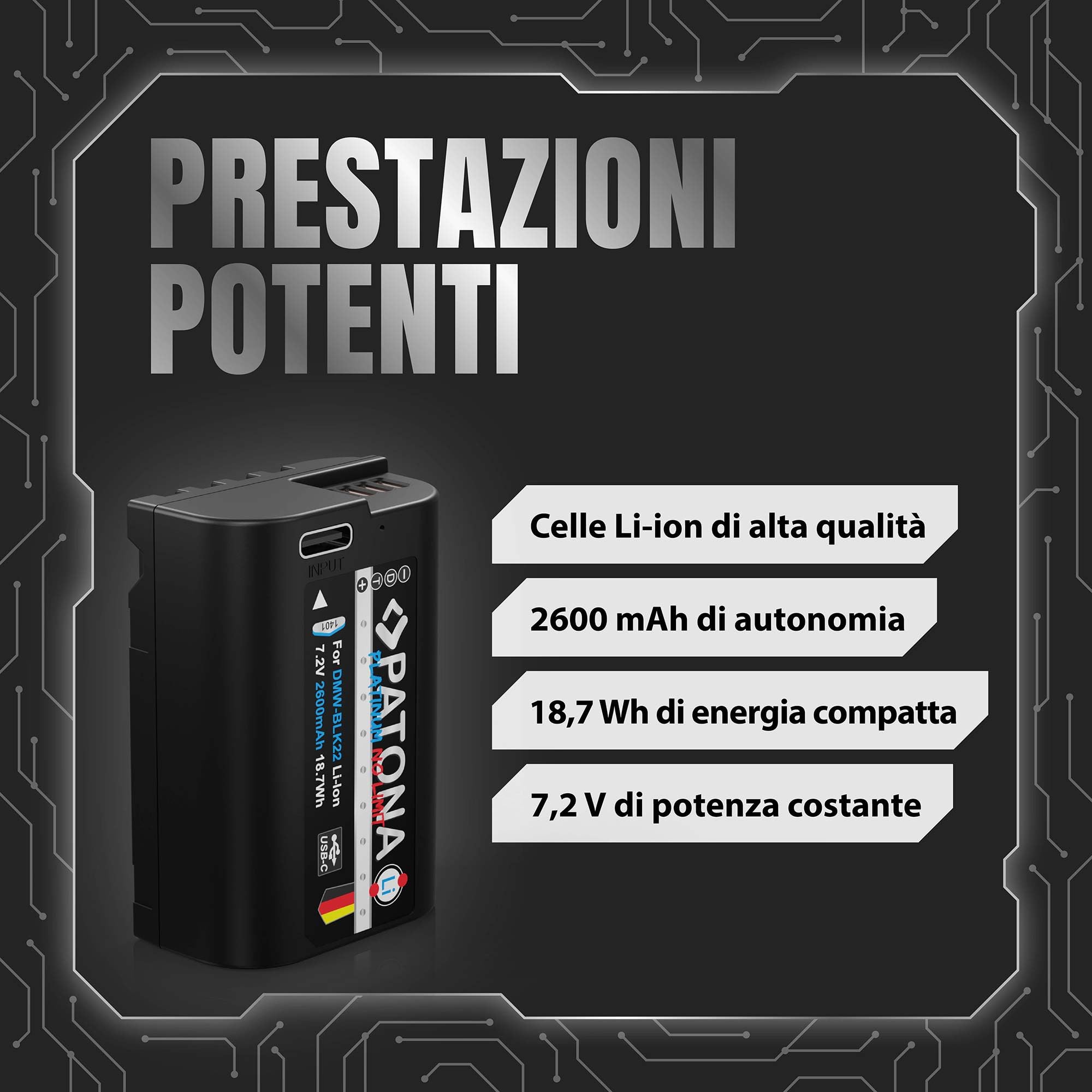 PATONA Platinum DMW-BLK22 Batteria 2600mAh con USB-C – ricambio per Panasonic DMW-BLK22 – per Lumix S5 II/IIX S5 S9, G9 II, GH5 II GH5S, GH6, GH7 – si ricarica via cavo, ideale per video 4K/6K