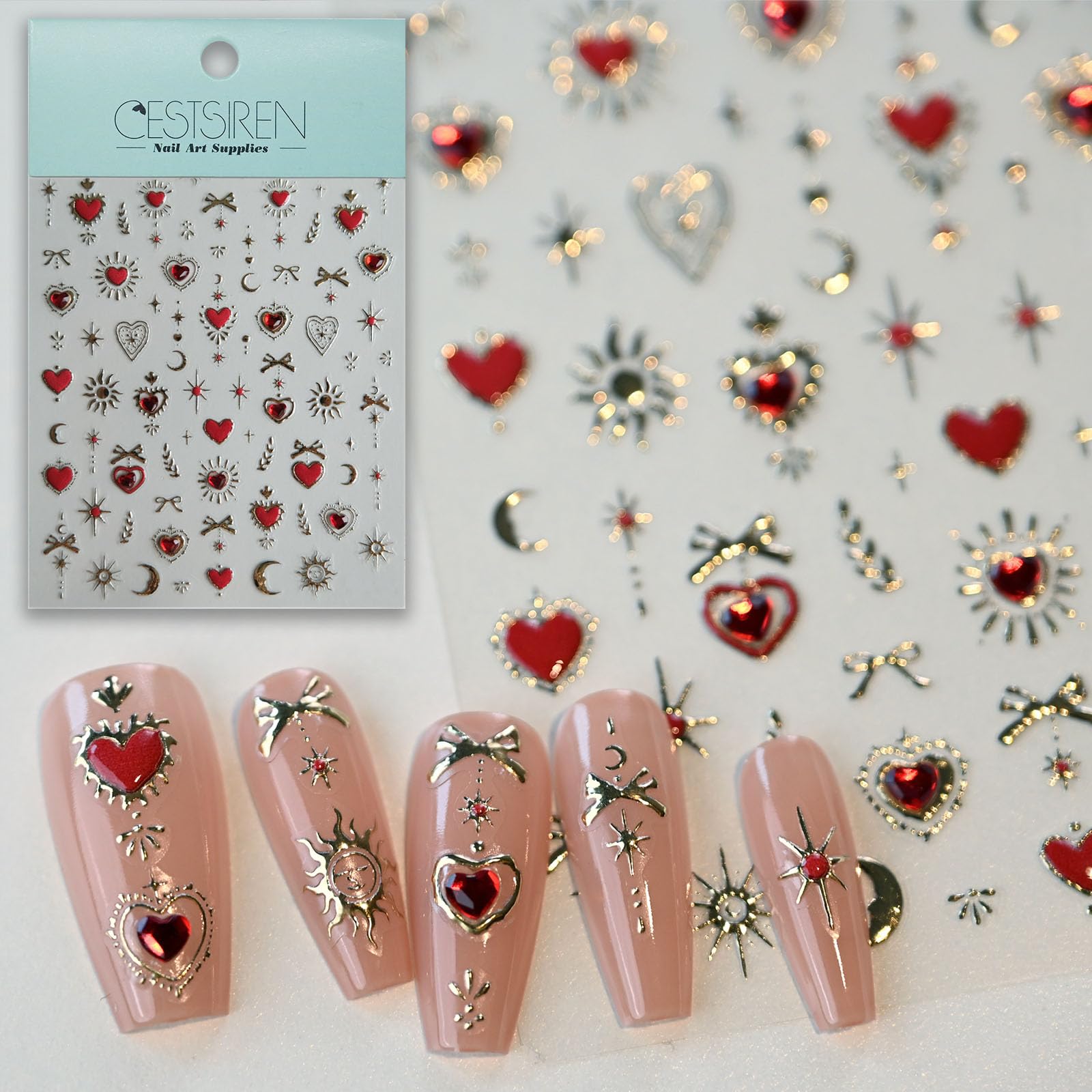 CESTSIREN Gold Totem Red Heart Nail Art Stickers, Embossed Moon Star Decals, Self-Adhesive Accessories for Women, Aesthetic Supplies for Nail Design