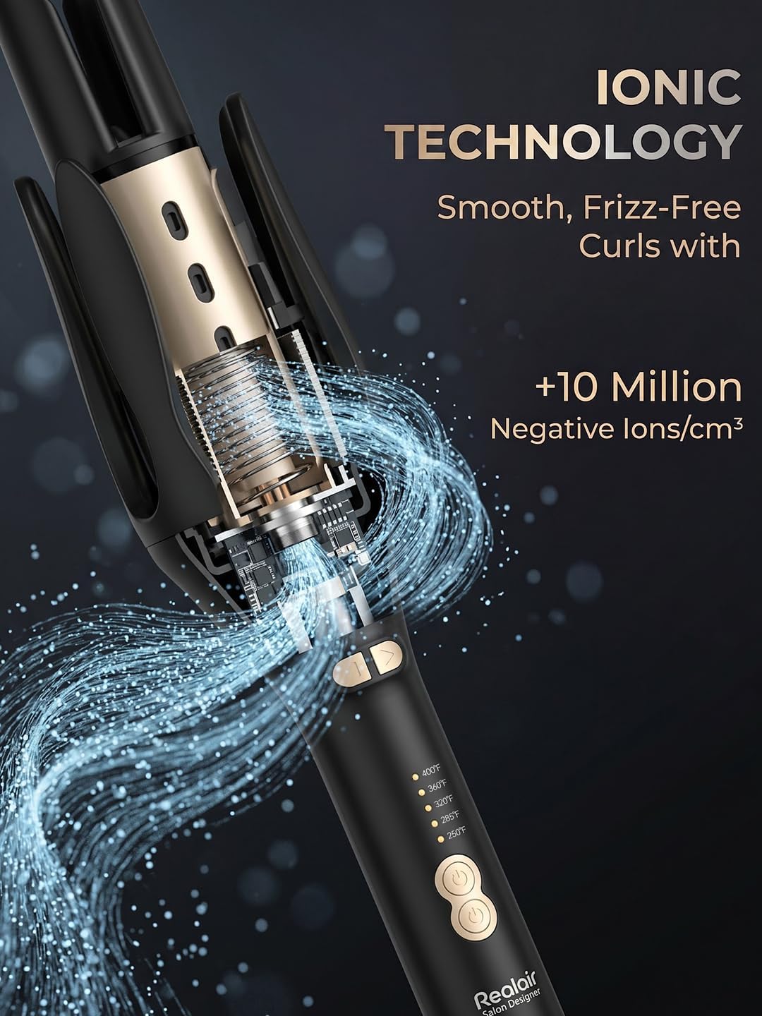 Automatic Hair Curler - Self Rotating Curling Iron with 10M+ Negative Ions, Anti-Tangle Sensor, 5 Temps (250°F-400°F), Ceramic Barrel for Long Lasting Frizz-Free Waves & Curls