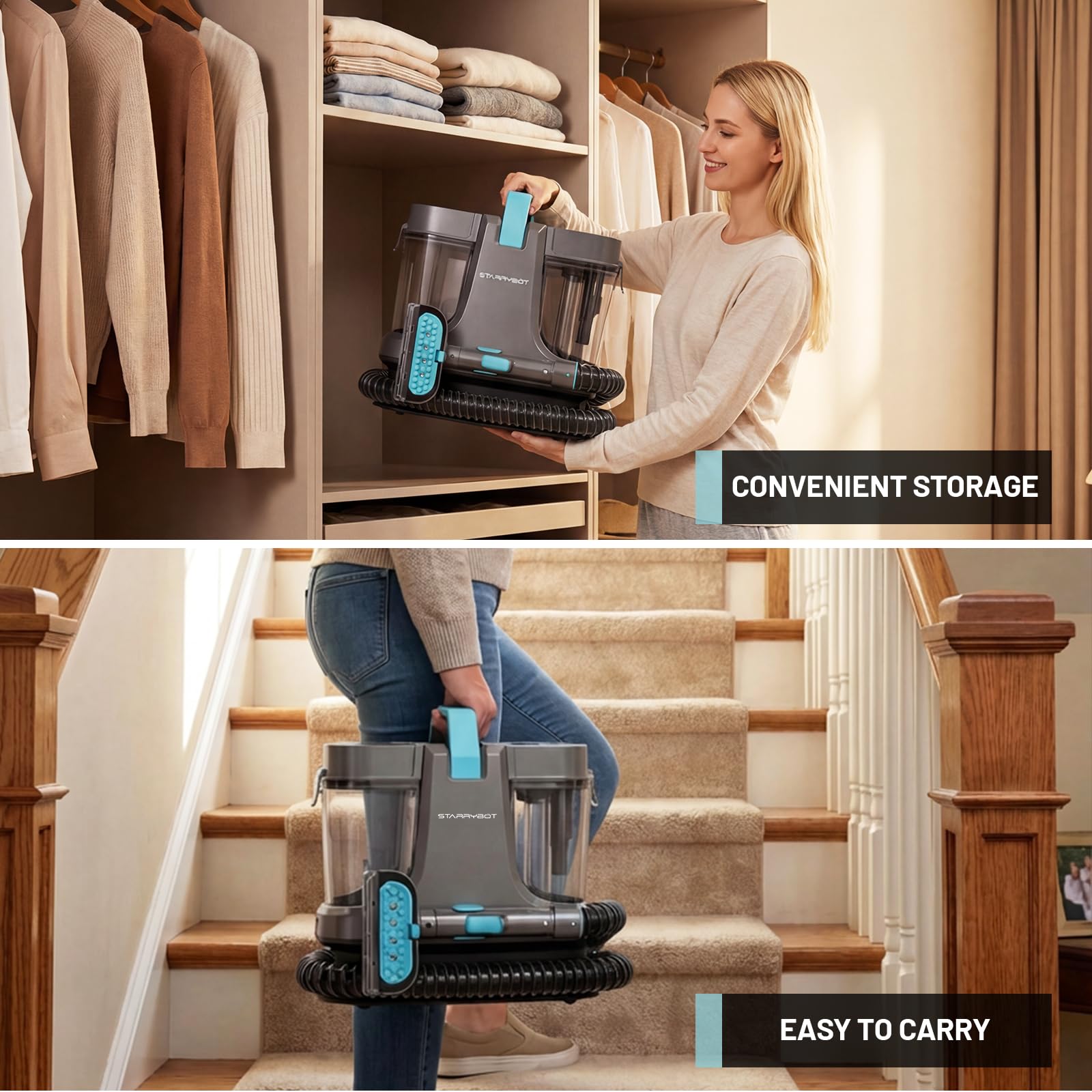 STARRYBOT Dampf- und Heiztechnologie 1500W Tragbarer Waschsauger Teppichreiniger, 18Kpa Nasssauger Polsterreiniger, Multifunktionaler Fleckenreiniger für Haustiere, Sofa, Teppiche & Treppen