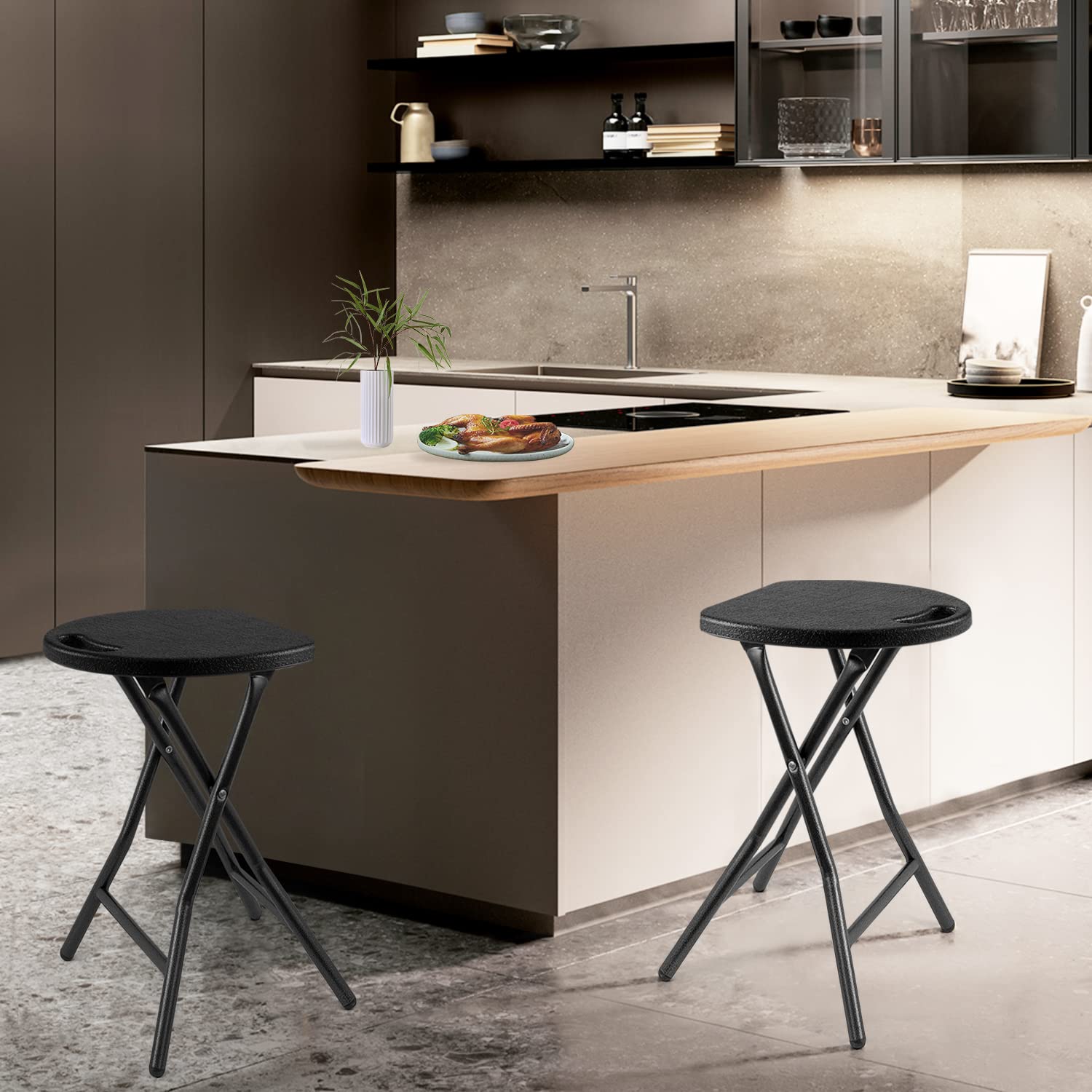 Rfiver 2 Taburetes Plegables Portátil de Metal y Plástico, Taburetes Multiusos Multifuncional Alto para Bar Cocina Barbacoa Jardín Terraza | Negro, 2 Unidades, 30x30x46cm, Carga Máxima: 136KG