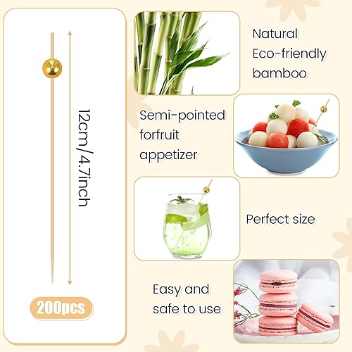 Miniatura 9 de 200 palillos largos de cóctel, palillos de dientes de bambú para aperitivos, frutas, alimentos, brochetas para bebidas, postres, baby shower, boda,