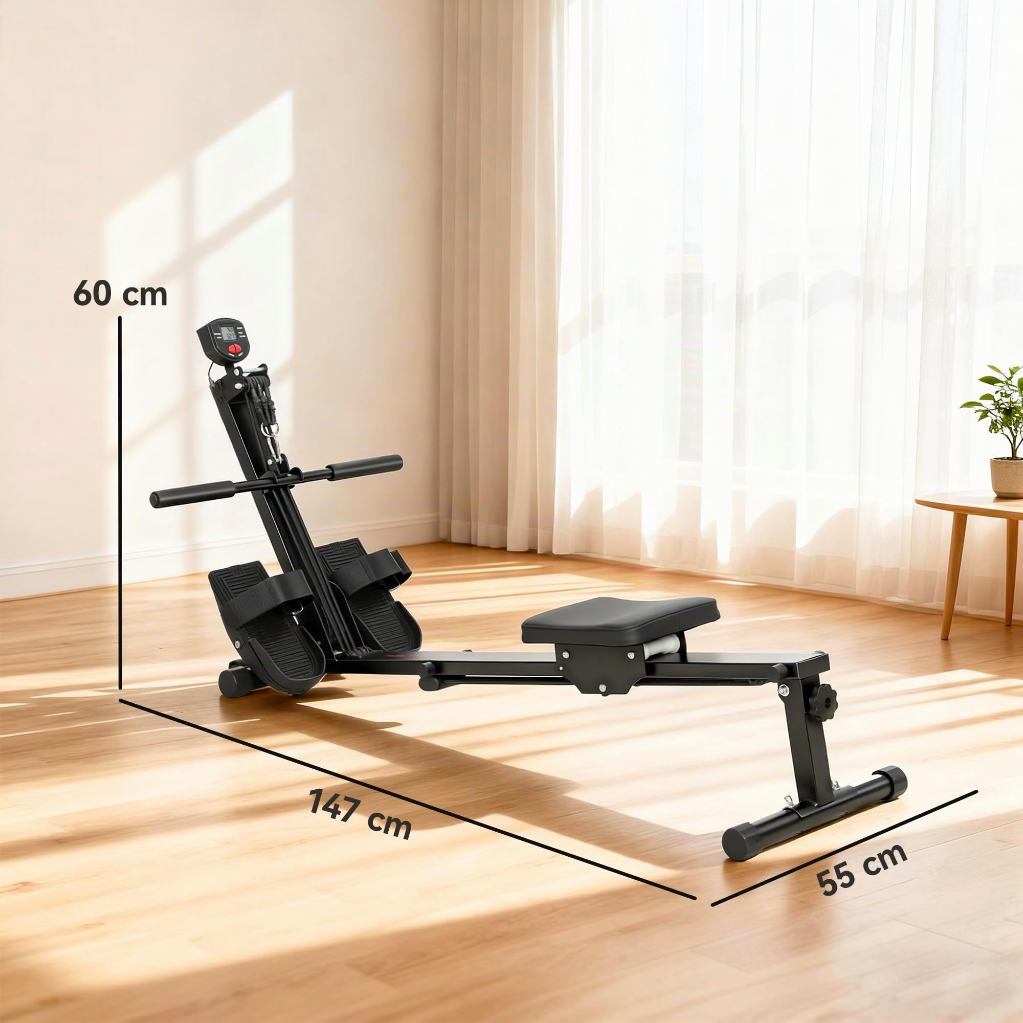 SPORTNOW Máquina de remo para casa, máquina de remo compacta silenciosa con resistencia elástica, monitor LCD, asiento acolchado, para entrenamiento de todo el cuerpo, capacidad 150 kg, ahorra espacio