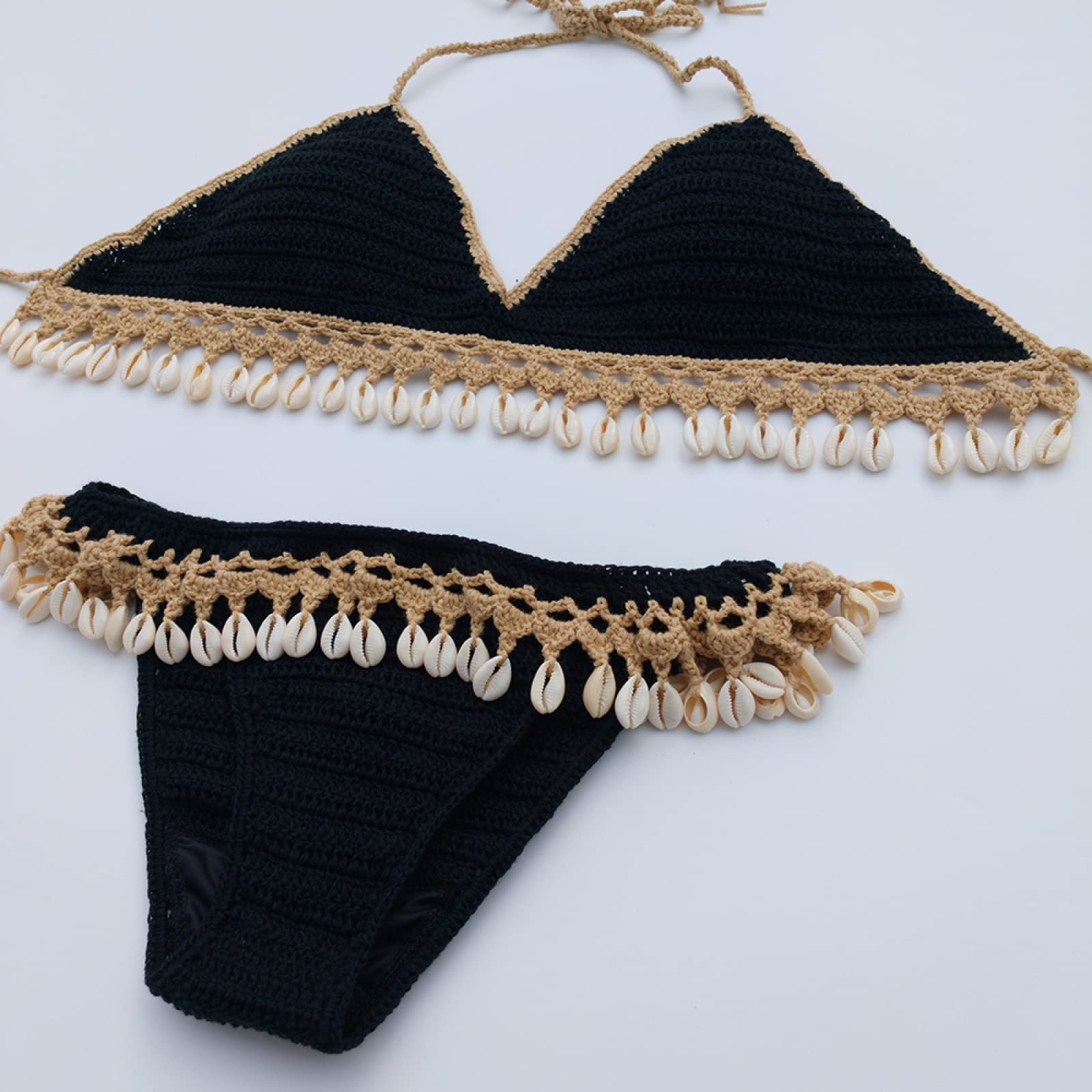 Conjunto De Bikini Sin Espalda con Cuello Colgante Sexy De Verano Traje De Baño De Ganchillo Hecho A Mano Negro Ropa De Playa con Borlas De Concha A La Moda Lencería