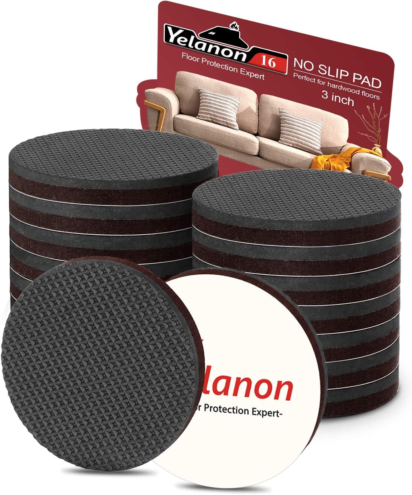 Yelanon Non Slip Furniture Pads -16pcs 75mm Furniture Grippers, Non Skid for Furniture Legs,Self Adhesive Rubber Furniture Feet,Anti Slide Furniture Hardwood Floors Protectors for Keep Couch Stoppers