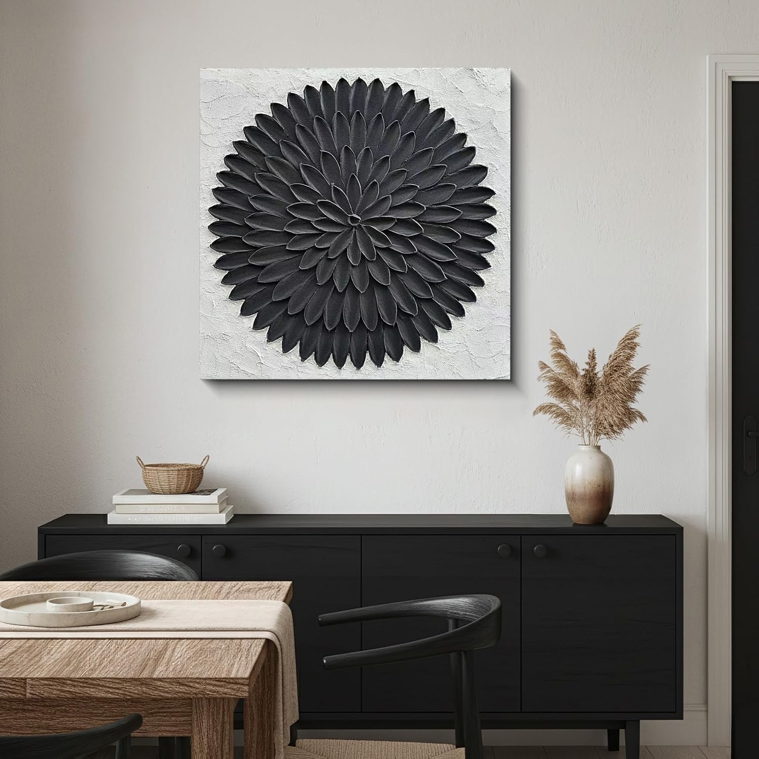 Hand-painted modern minimalist style black and white abstract art with three-dimensional petal texture oil painting Suitable for decoration of living room office corridor and wall 24x24 inches