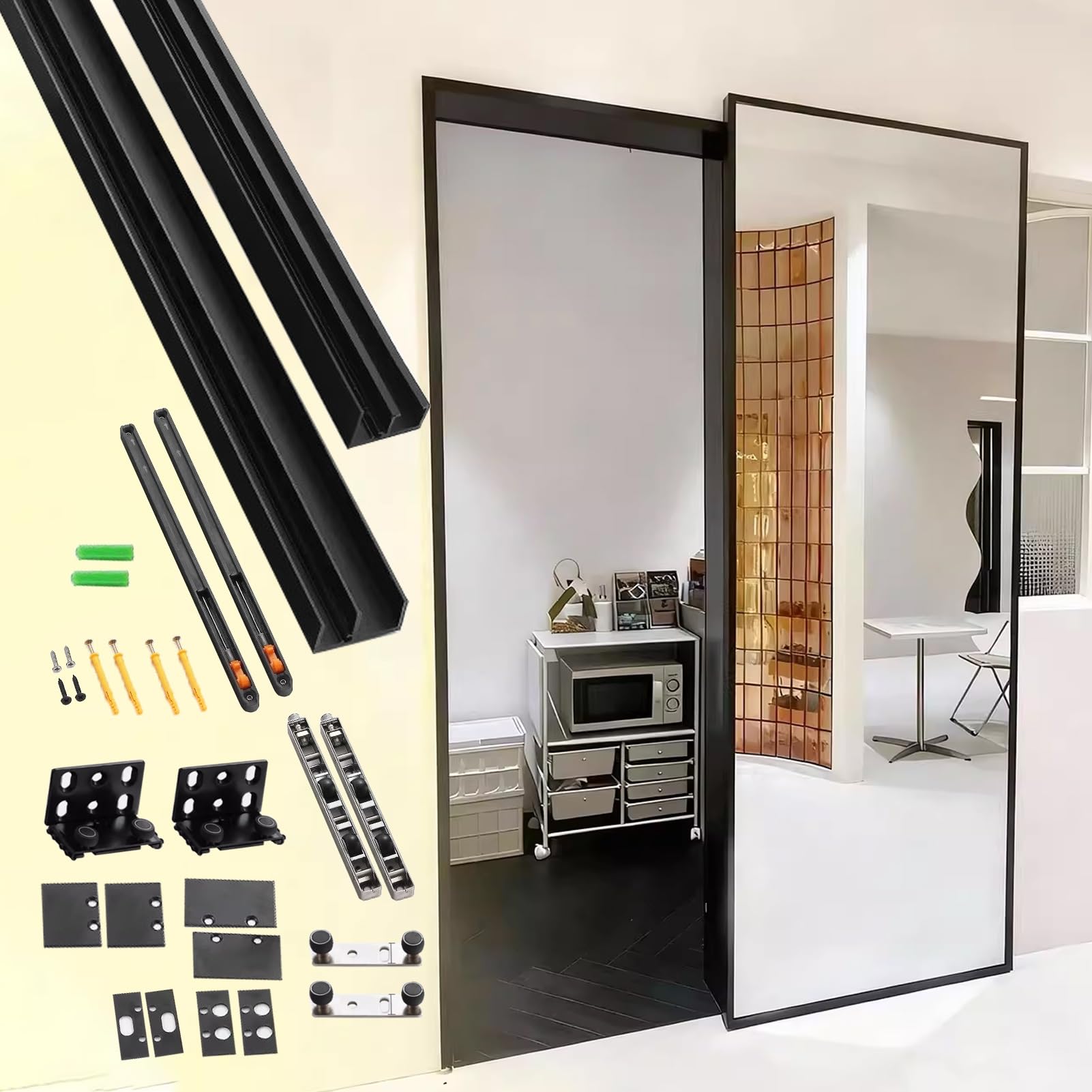 Minglez Sliding Door Kit Hidden Sliding Door Hardware 24 28 30 36 47 60 inch, Trackless Barn Door Track Soft Close for Kitchen/Bedroom, Black Mirrored Door Track Ghost Doors(170cm/66.9in)