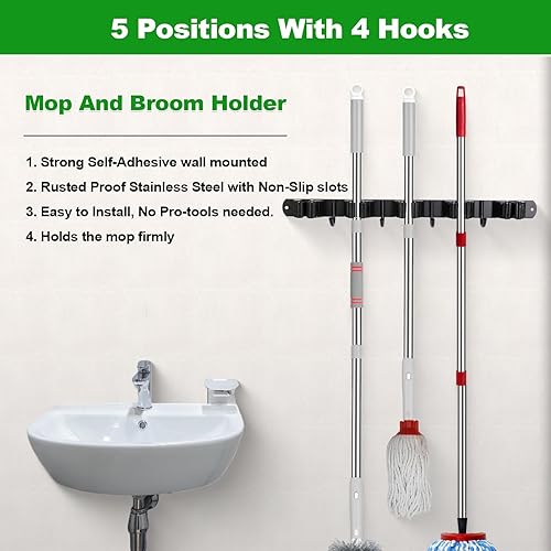 Miniatura 10 de voze 5 estantes y 4 ganchos, soporte de pared para trapeador y escoba, autoadhesivo, resistente, organizador de escobas, estantes de herramientas de