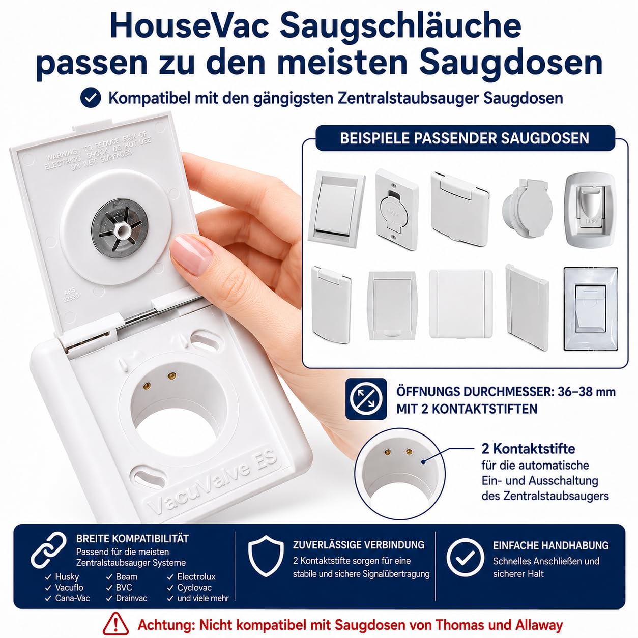 Zentralstaubsauger HouseVac Zubehör Kit 8 Teile Saugschlauch (7.5m) mit Handgriff Teleskopstange Umschaltbare Bodendüse Fugendüse Premium-Set zur gründlichen Reinigung