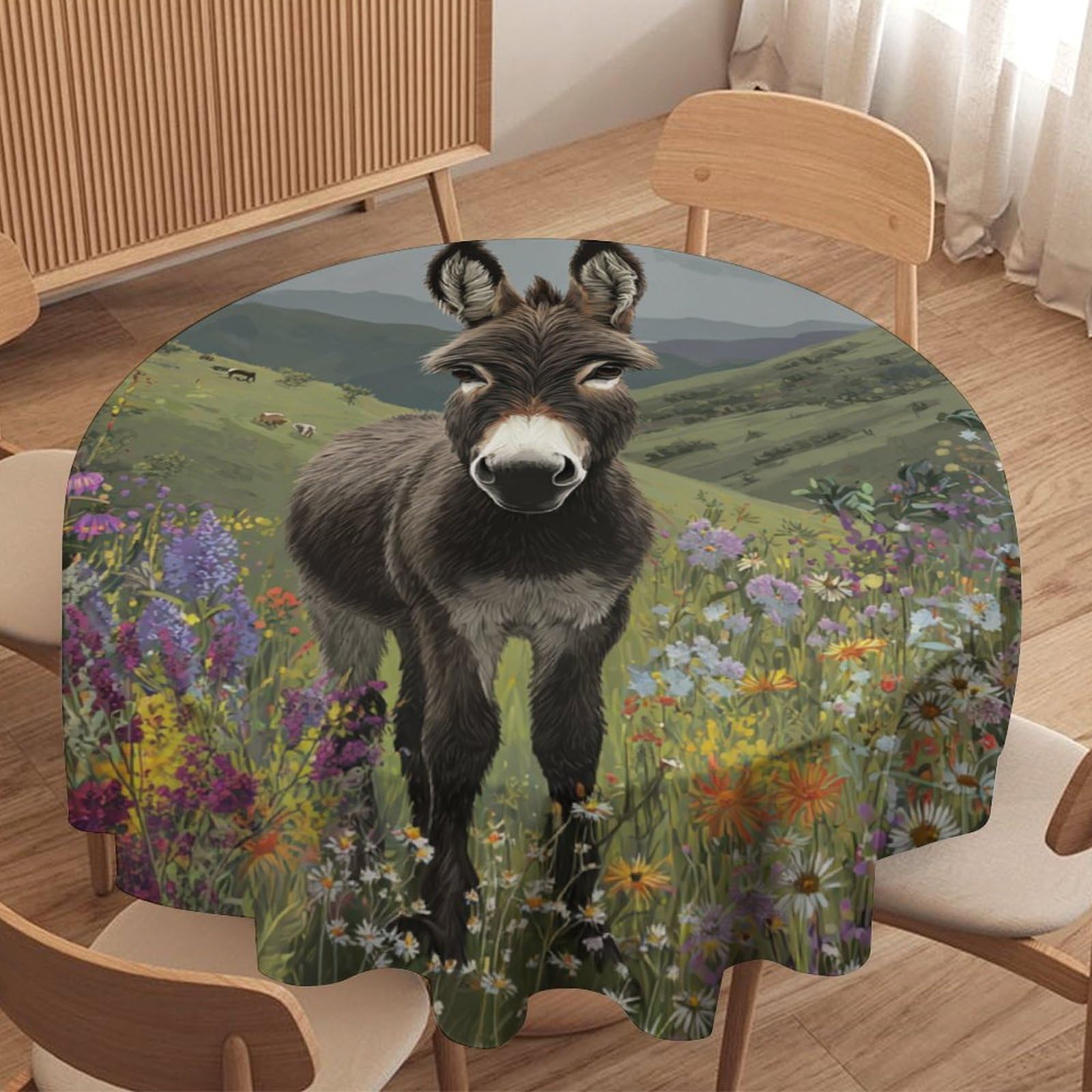 LUYYSKY Funny Vintage Donkey Waterproof Round Tablecloth Rustic Watercolor Spring Fields Daisies Floral Animal Donkeys Pattern Washable Table Cover for Kitchen-70 Wx70 L